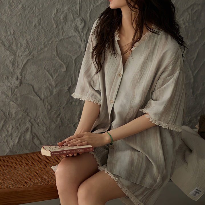 Faded Stripe Pajamas with Built-in Bra and Fringe Hem