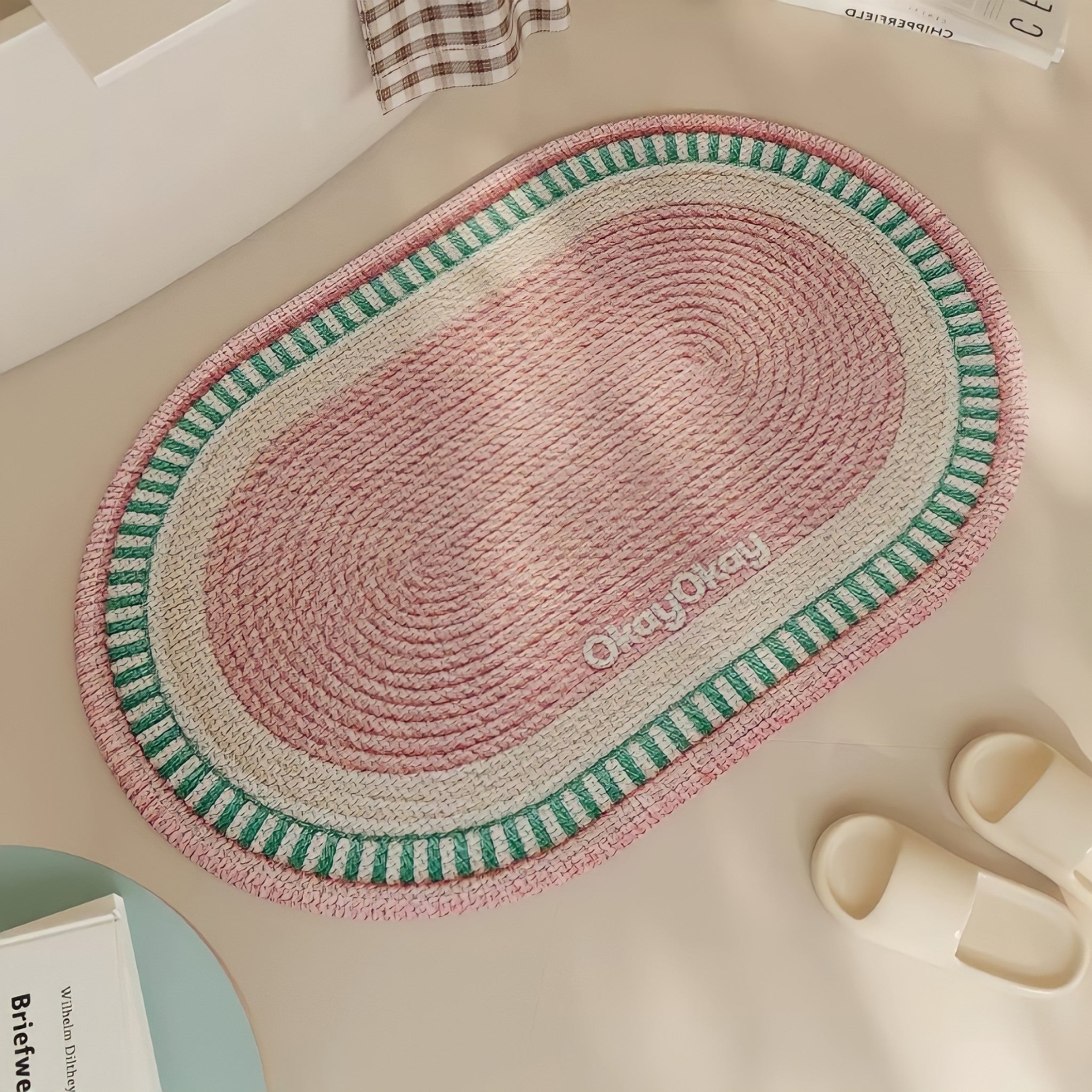 Stitched Frame Oval Bath Mat Pink