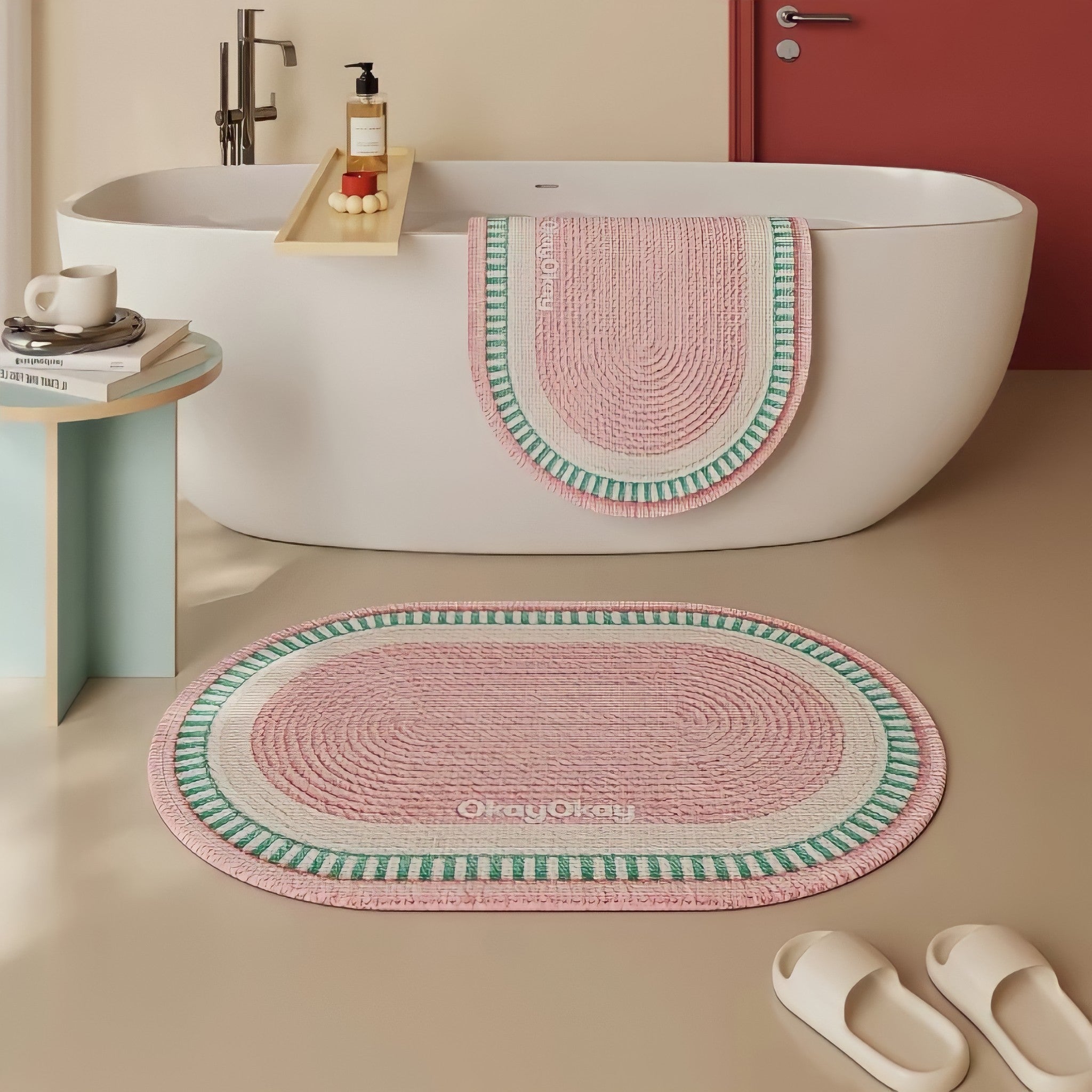 Stitched Frame Oval Bath Mat Pink