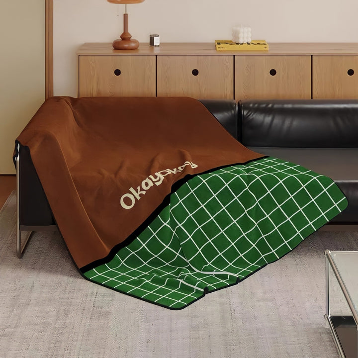 バイカラーチェック ロゴファブリックブランケット ブラウン