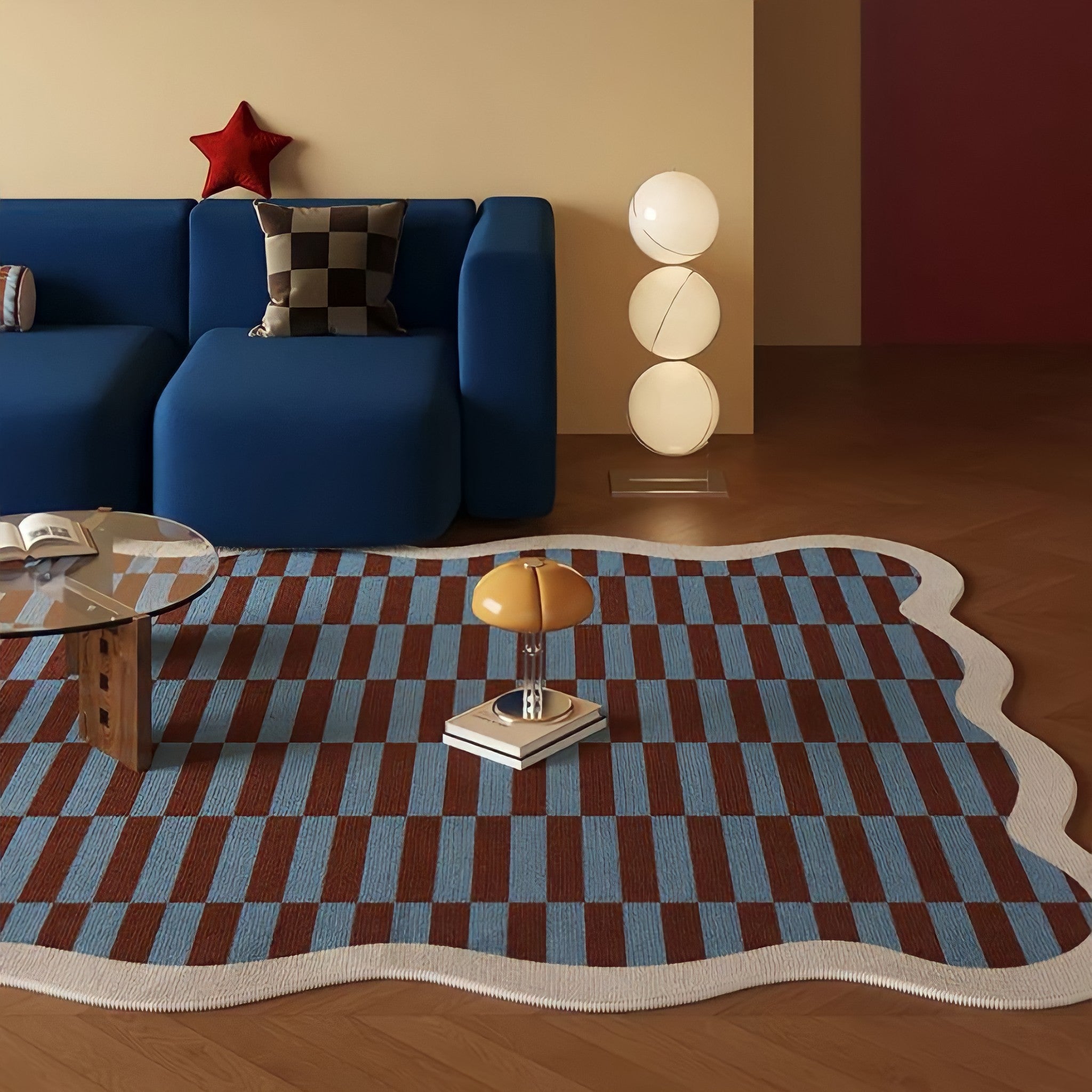 Wave Piping Checker Rug Beige