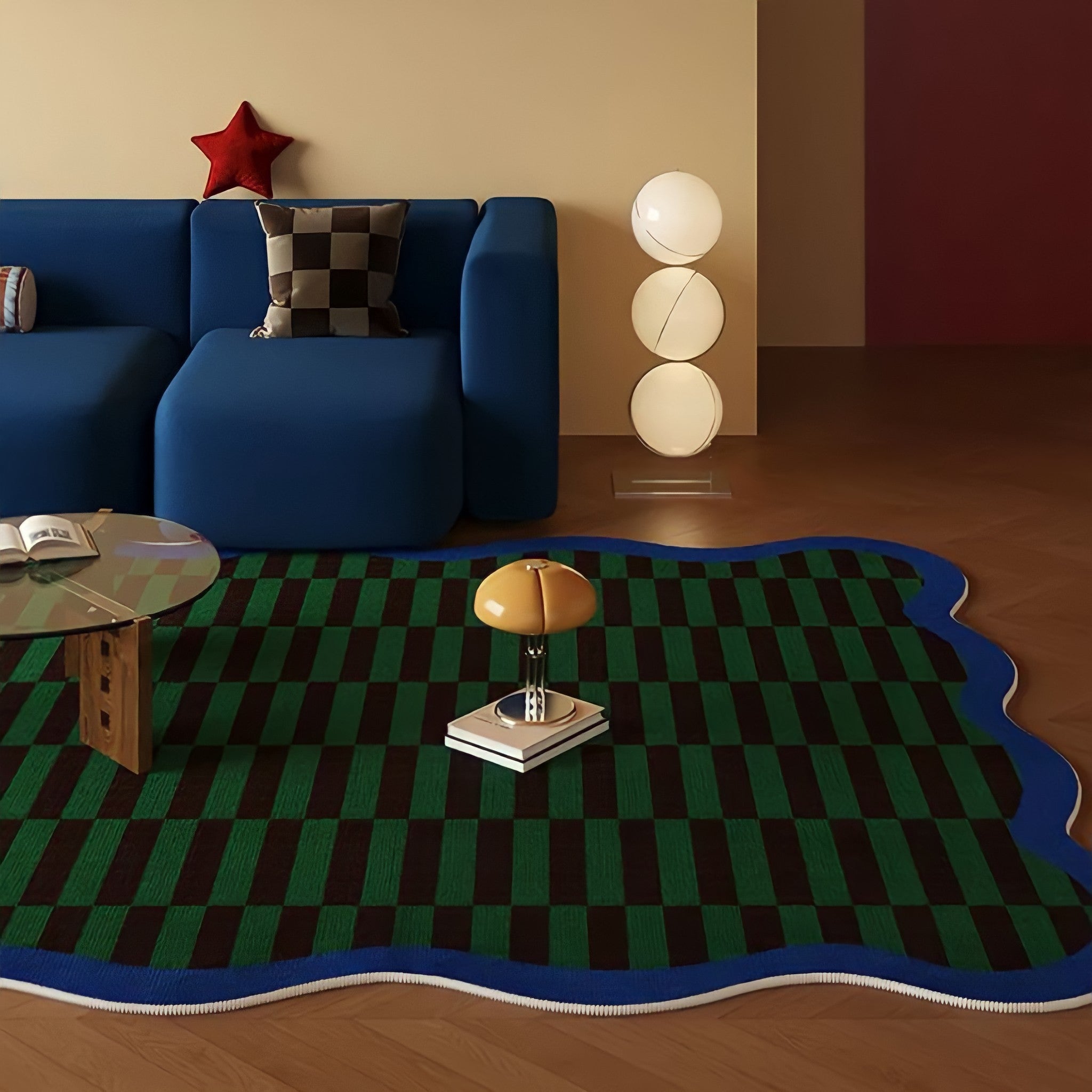 Wave Piping Checker Rug Blue