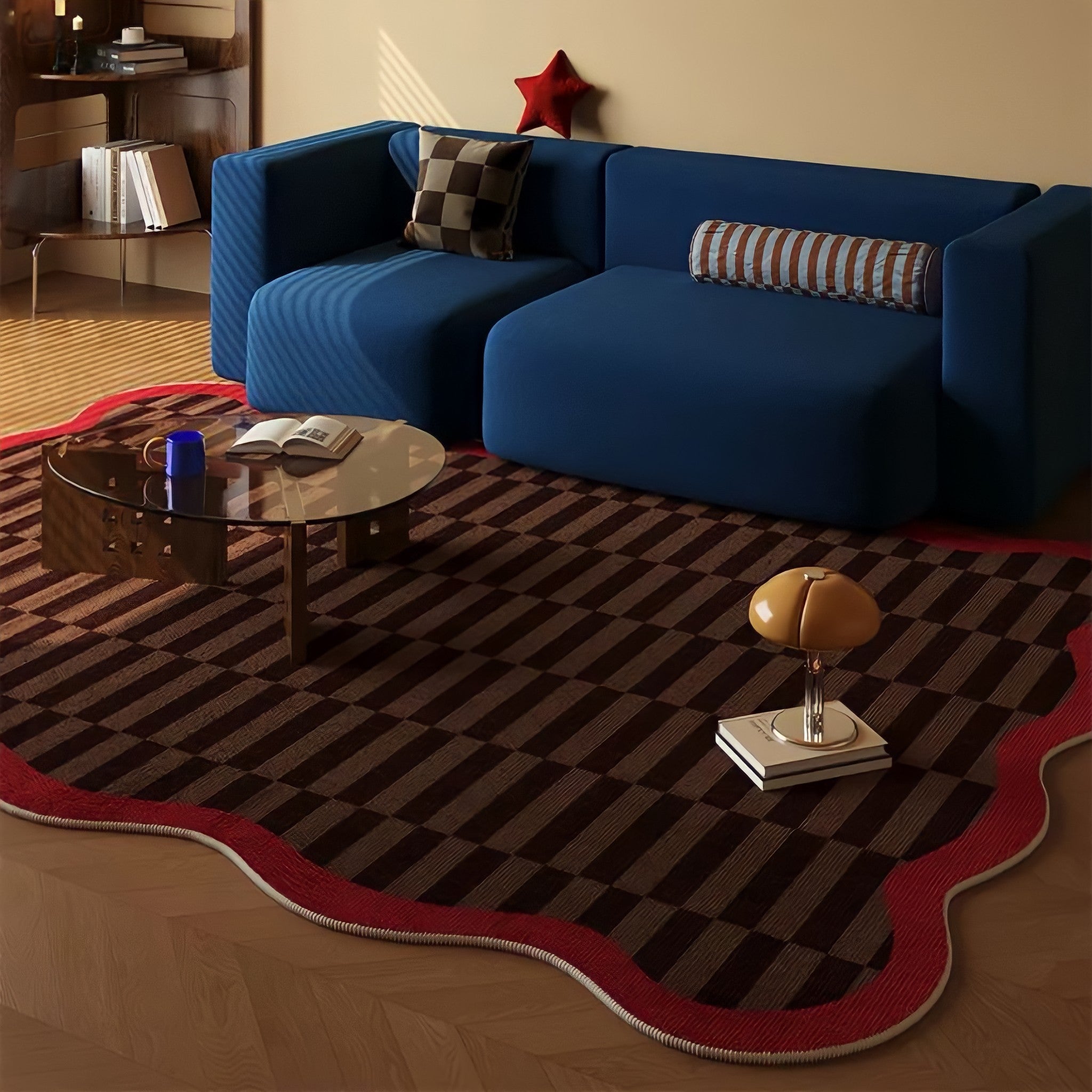 Wave Piping Checker Rug Red