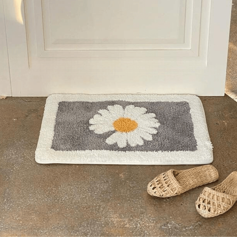 Floral Absorbent Bath Mat, Daisy Pattern, Premium Gray