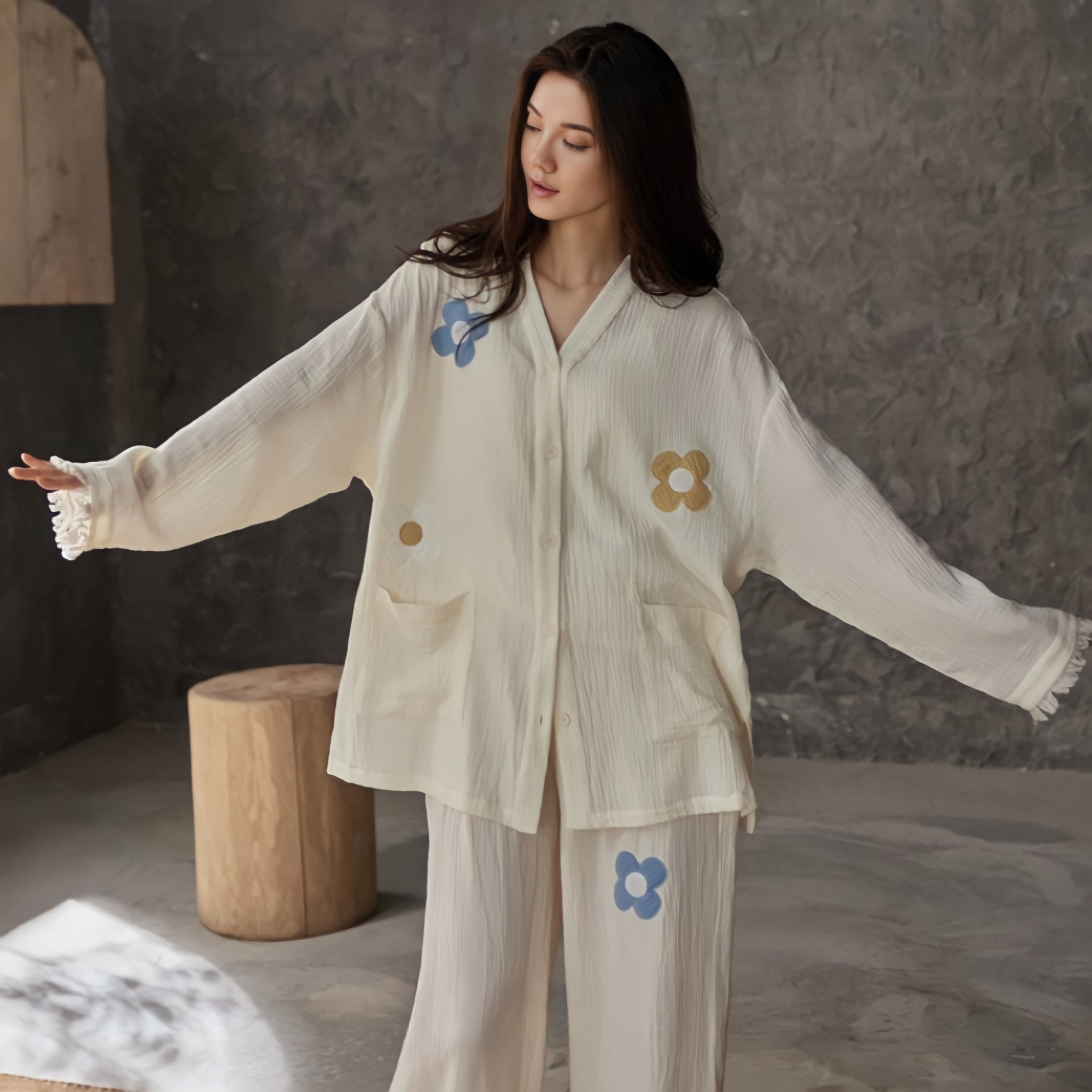 Flower print cotton gauze pajamas 