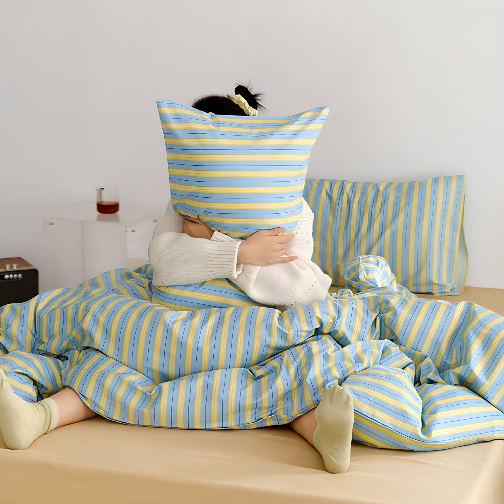 イエローブルーストライプコットン寝具セット