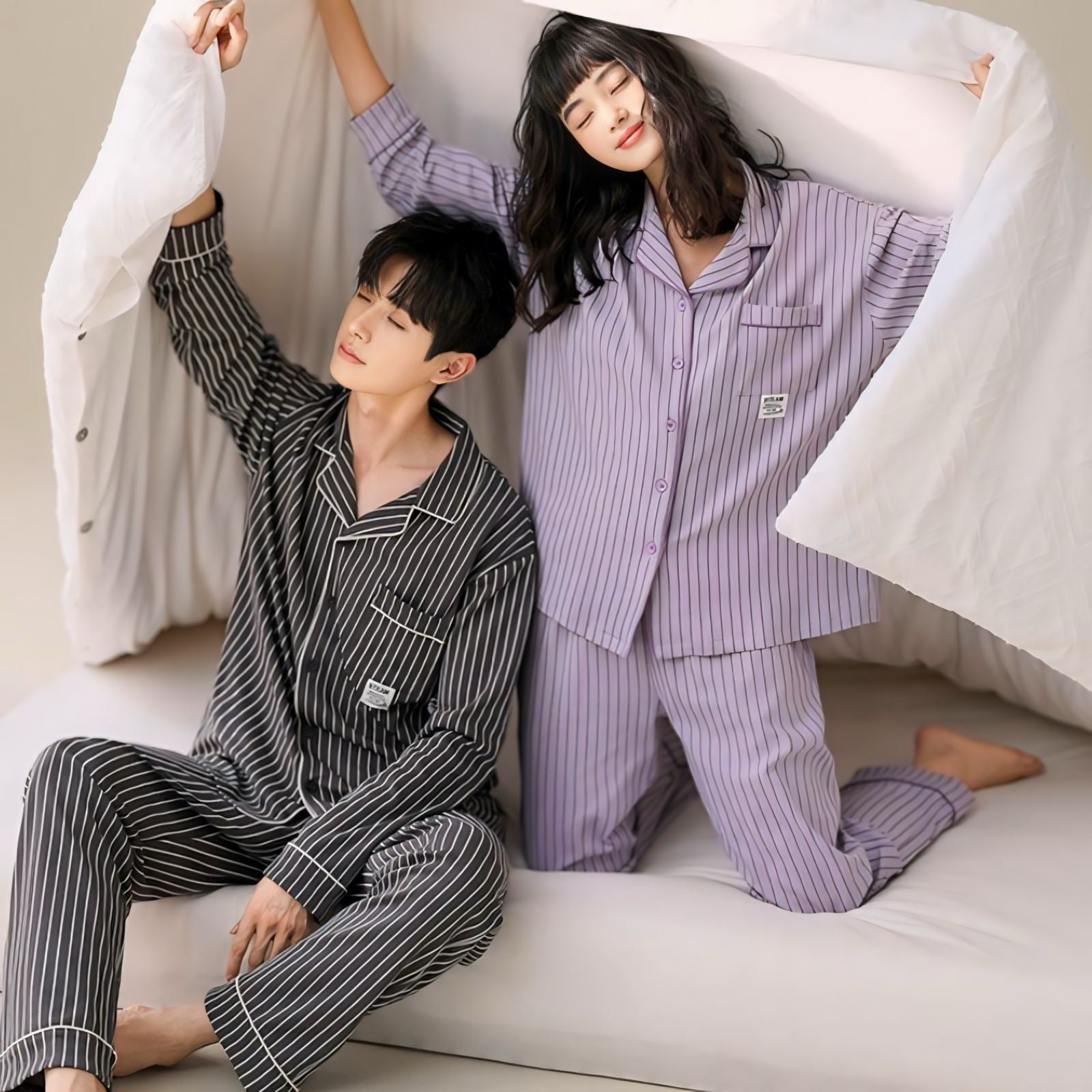 コットン長袖ストライプカップルパジャマ kocol