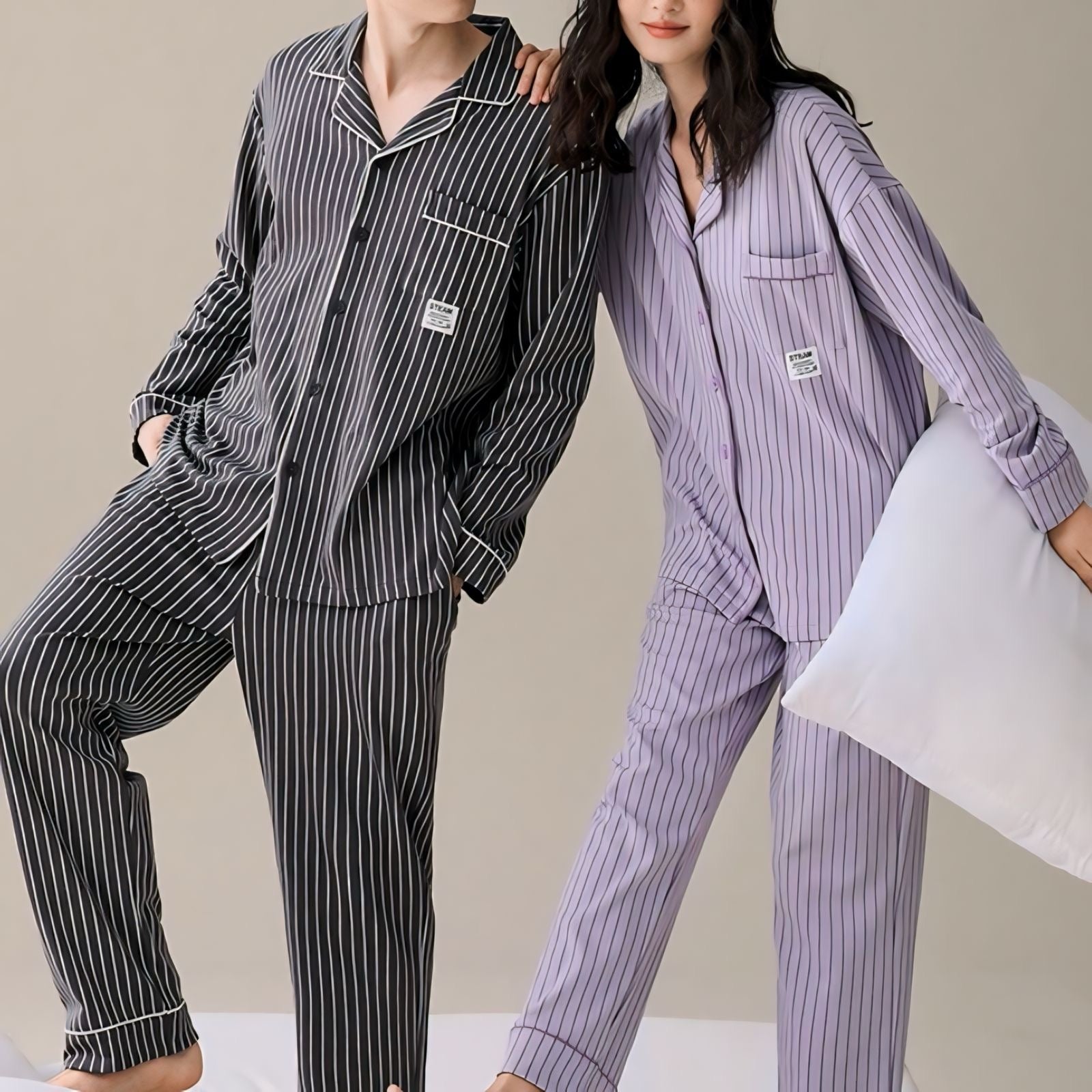 コットン長袖ストライプカップルパジャマ kocol