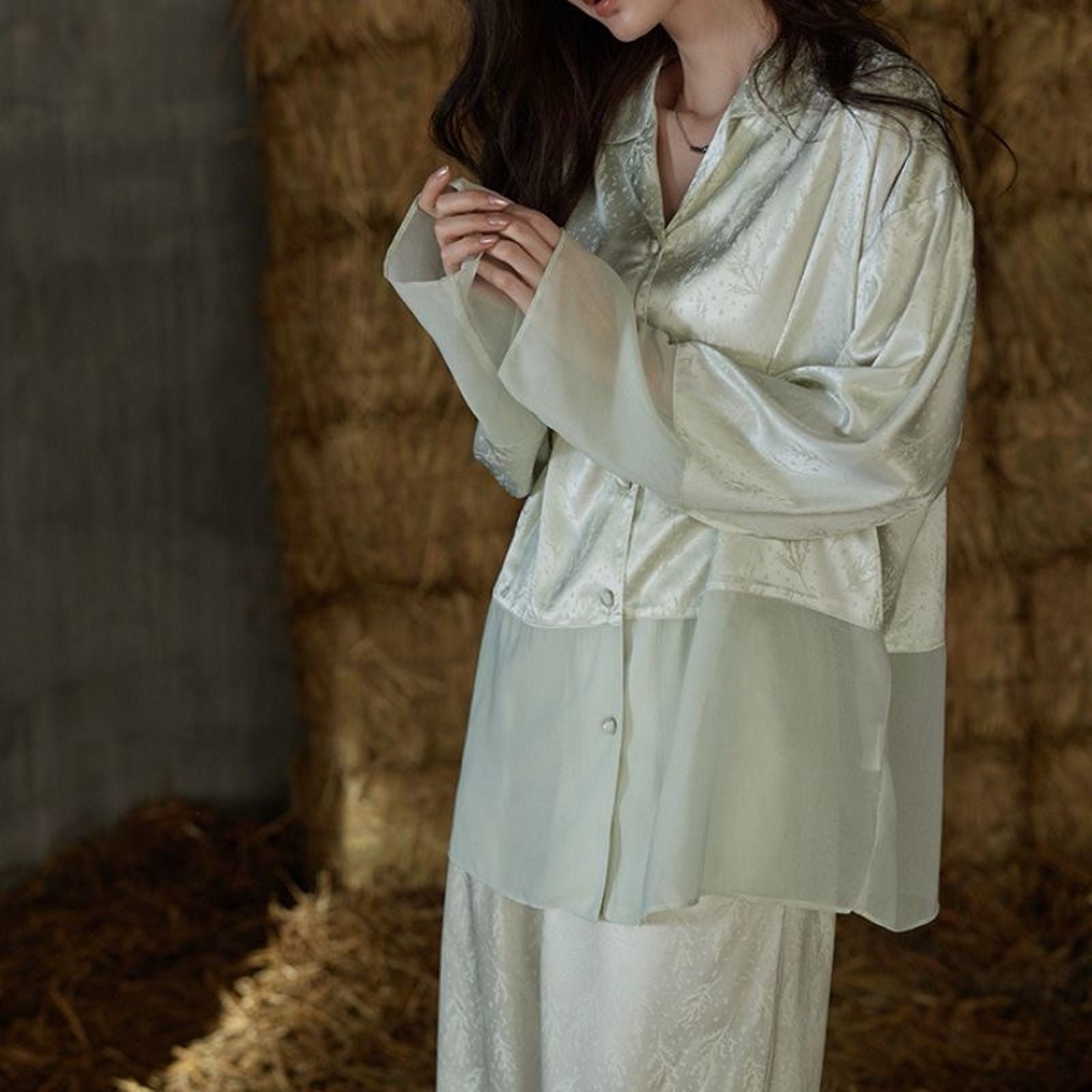 シースルー切り替え長袖てろてろパジャマ kocol