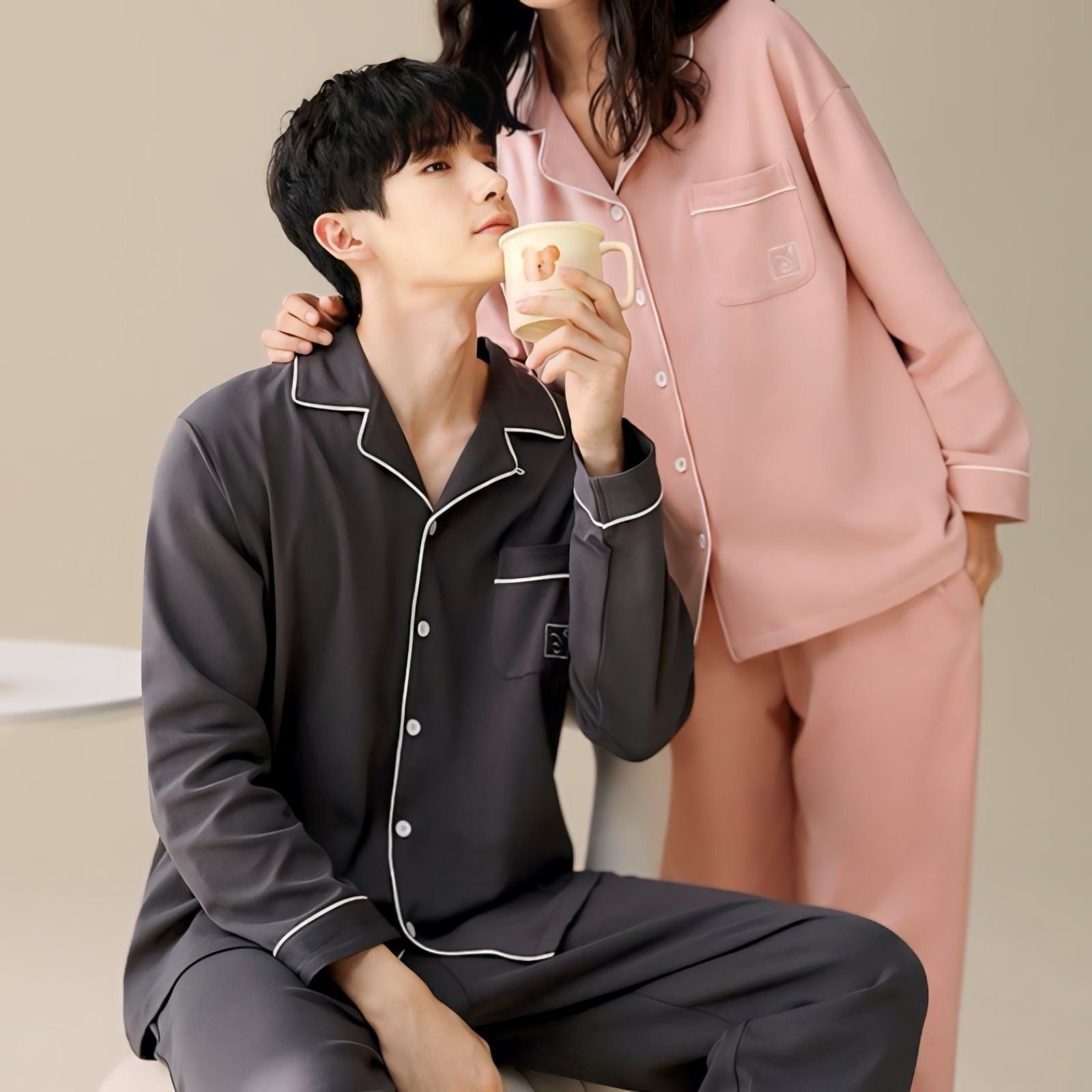 パイピングコットン長袖カップルパジャマ kocol