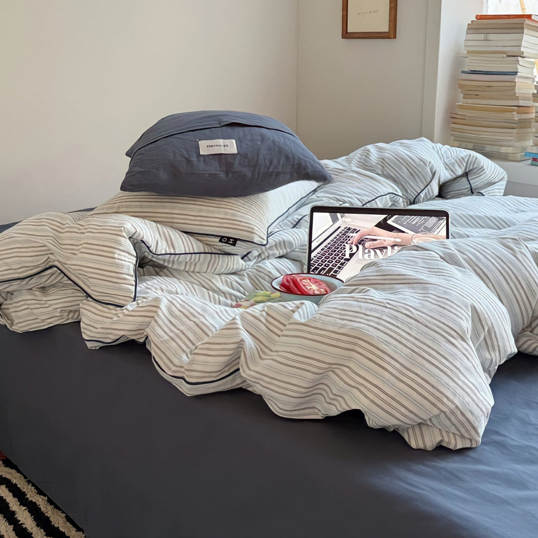 Pure Cotton Washed Cotton Simple Striped Bedding Set Blue