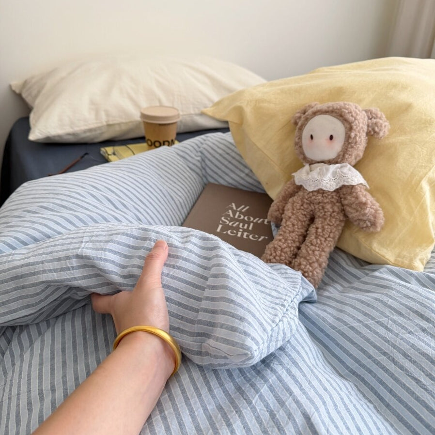 Fine Stripe Cotton Bedding Set Blue