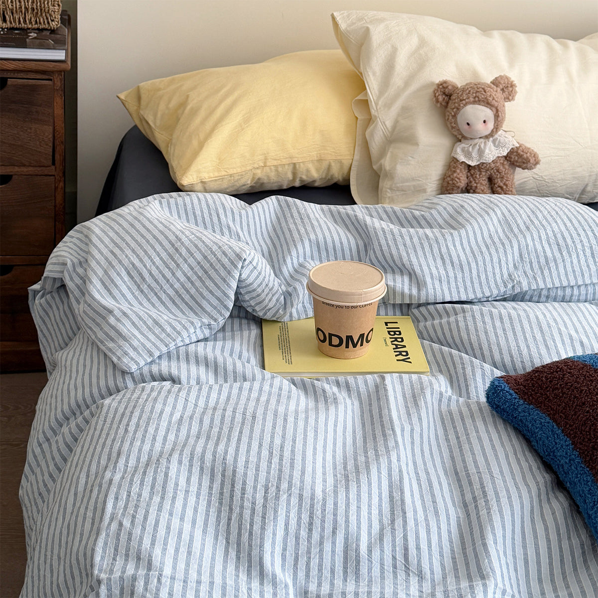 Fine Stripe Cotton Bedding Set Blue