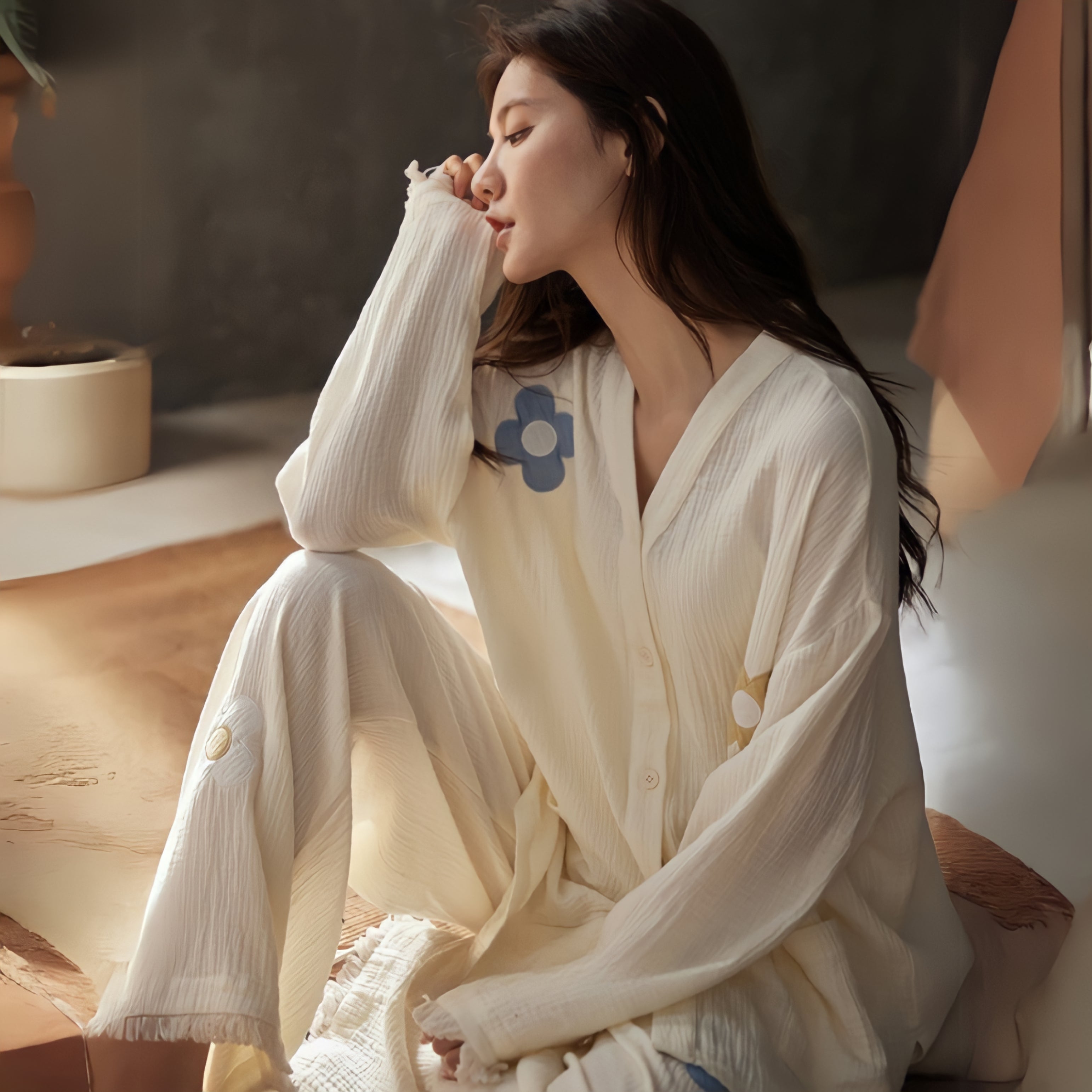 Flower print cotton gauze pajamas 