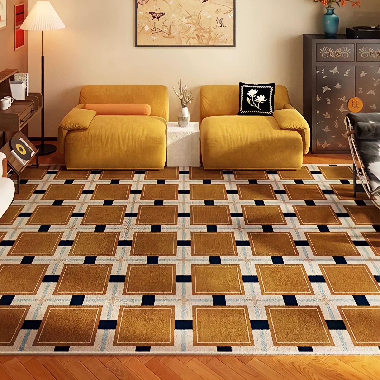 Retro Pattern Block Check Rug Carpet