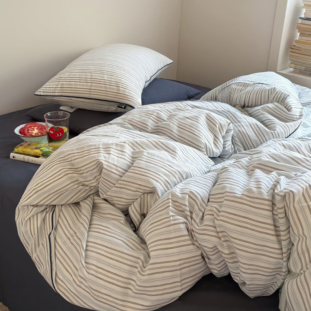 Pure Cotton Washed Cotton Simple Striped Bedding Set Blue