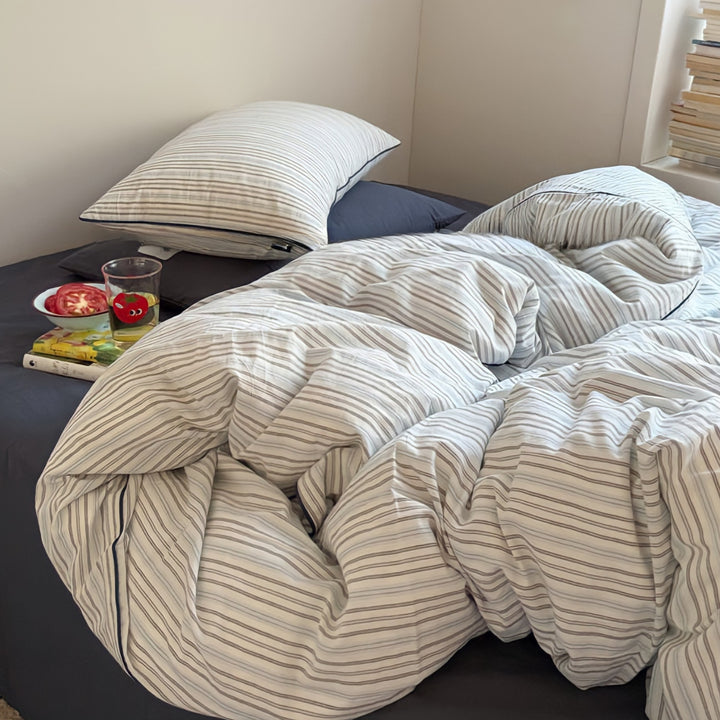 Pure Cotton Washed Cotton Simple Striped Bedding Set Blue