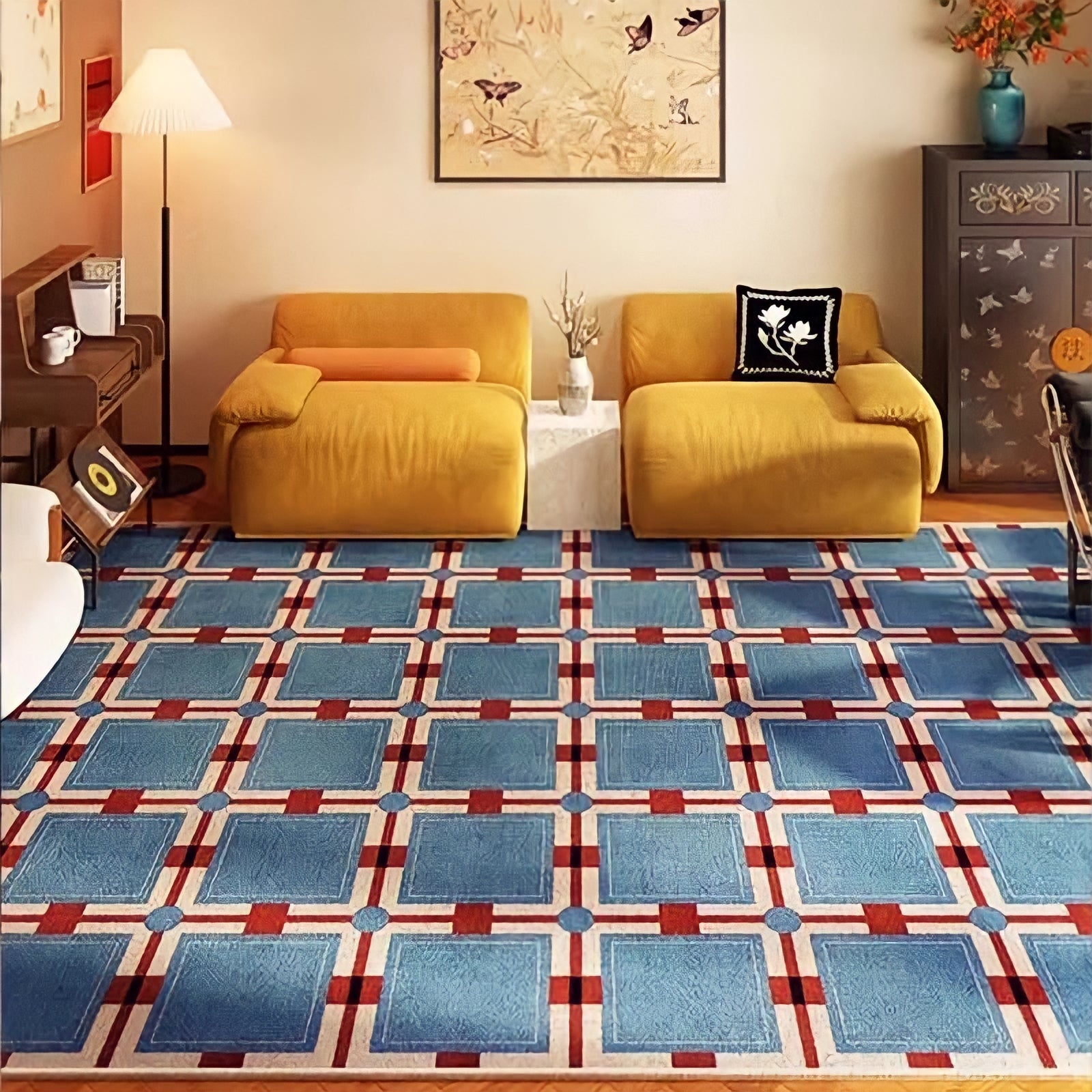 Retro Pattern Block Check Rug Carpet