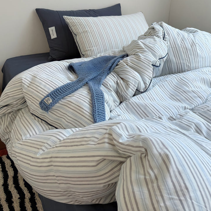 Pure Cotton Washed Cotton Simple Striped Bedding Set Blue