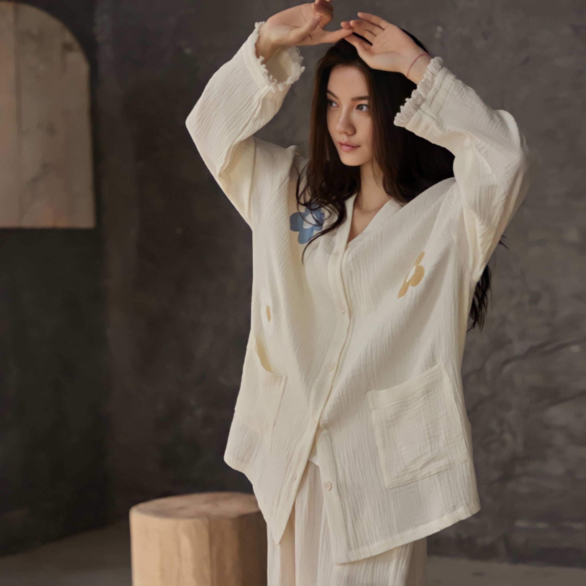 Flower print cotton gauze pajamas 