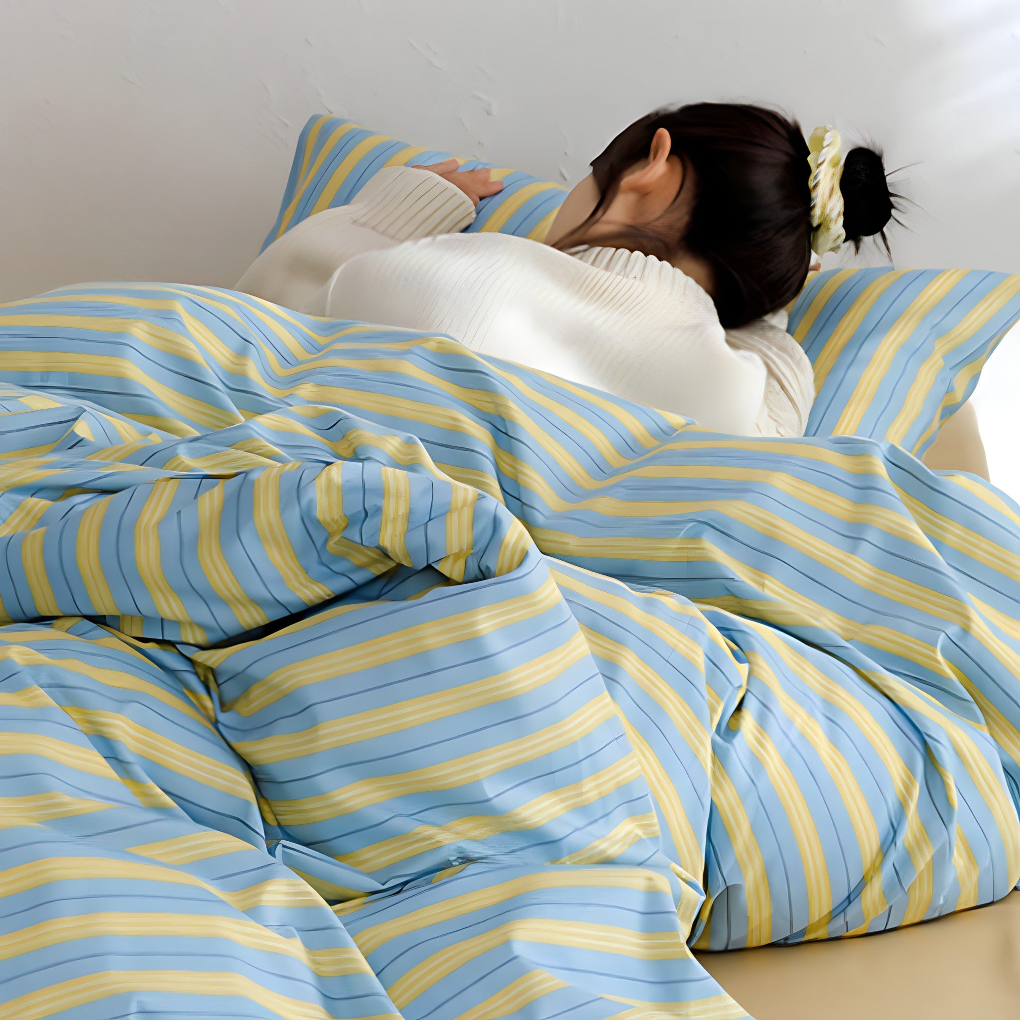 イエローブルーストライプコットン寝具セット