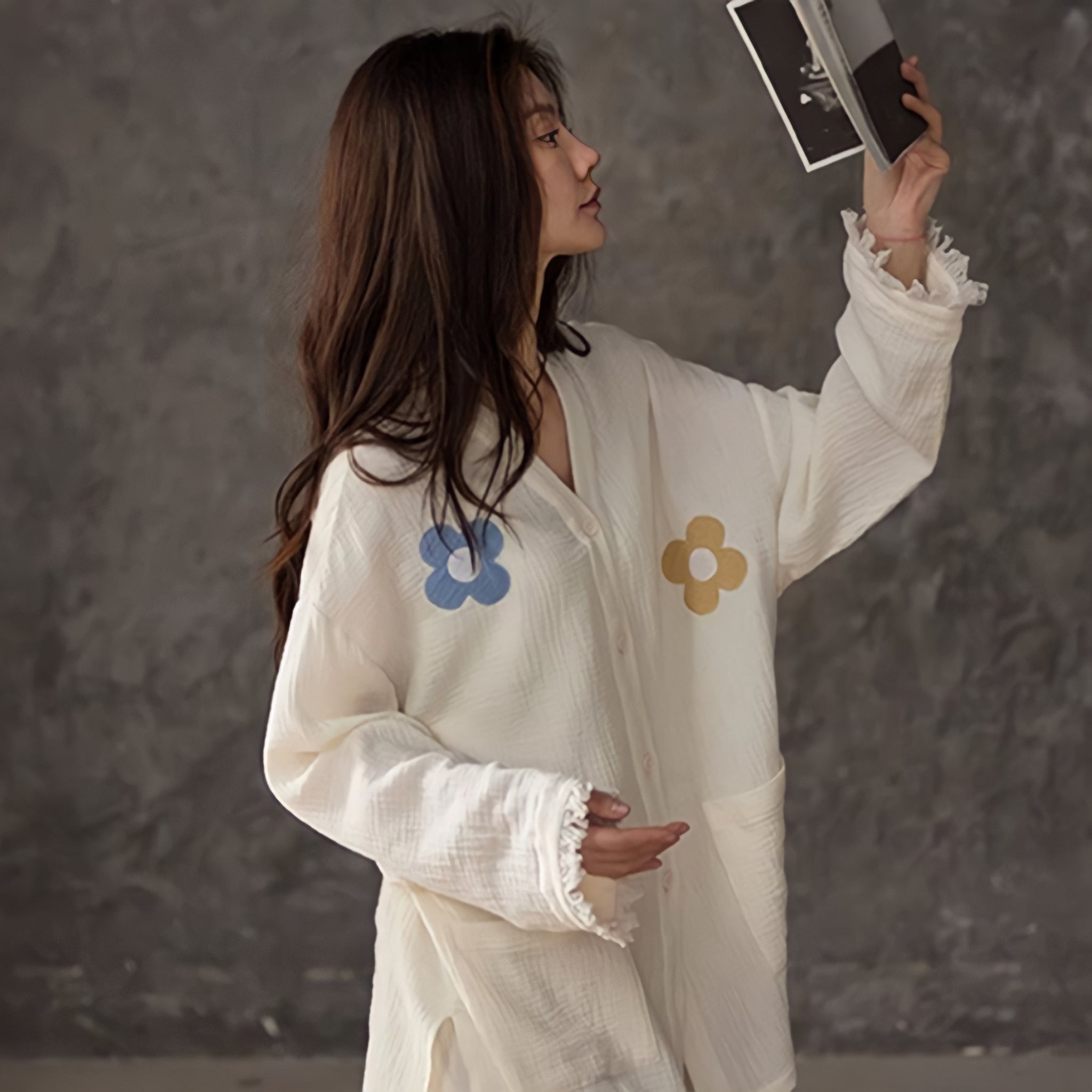 Flower print cotton gauze pajamas 