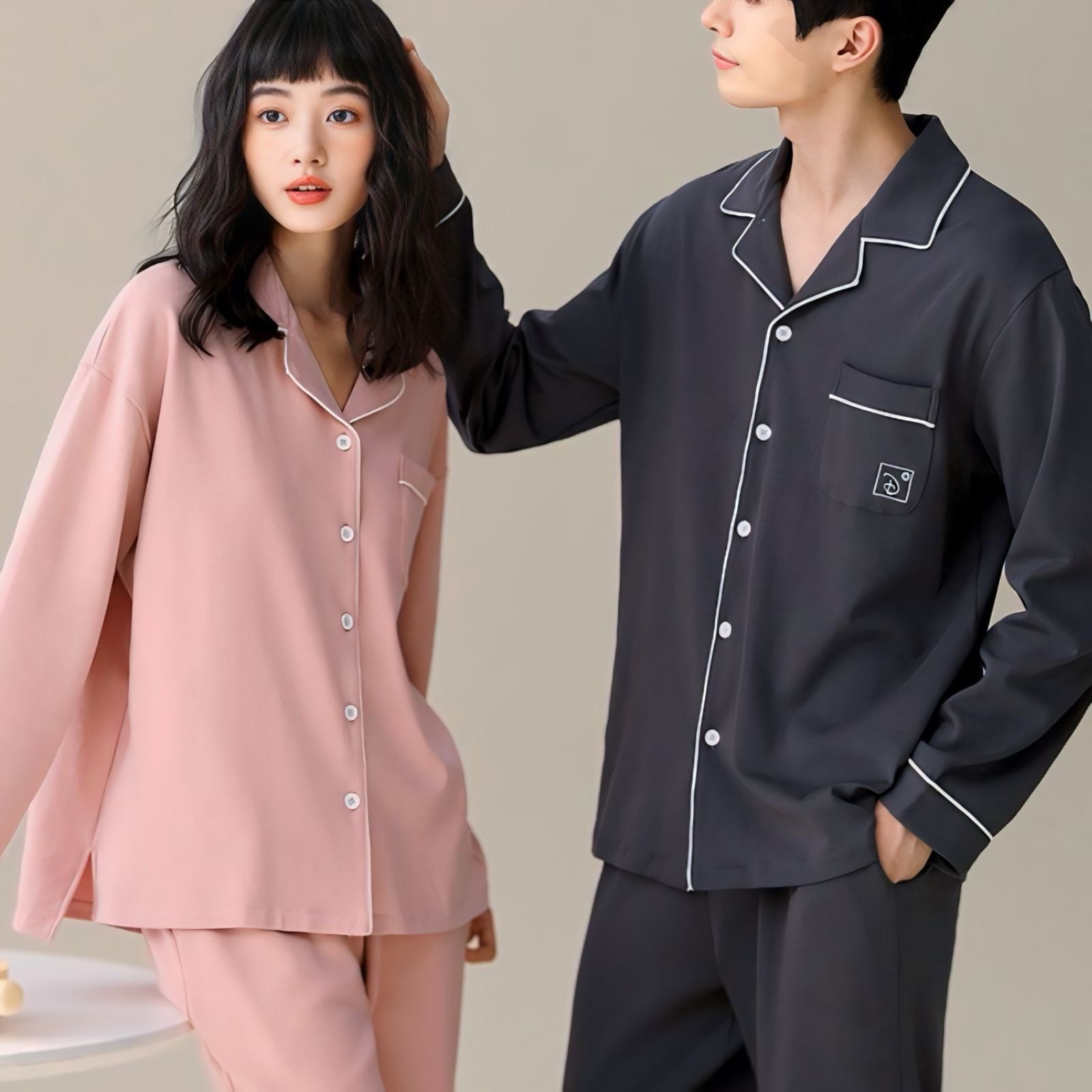 パイピングコットン長袖カップルパジャマ kocol