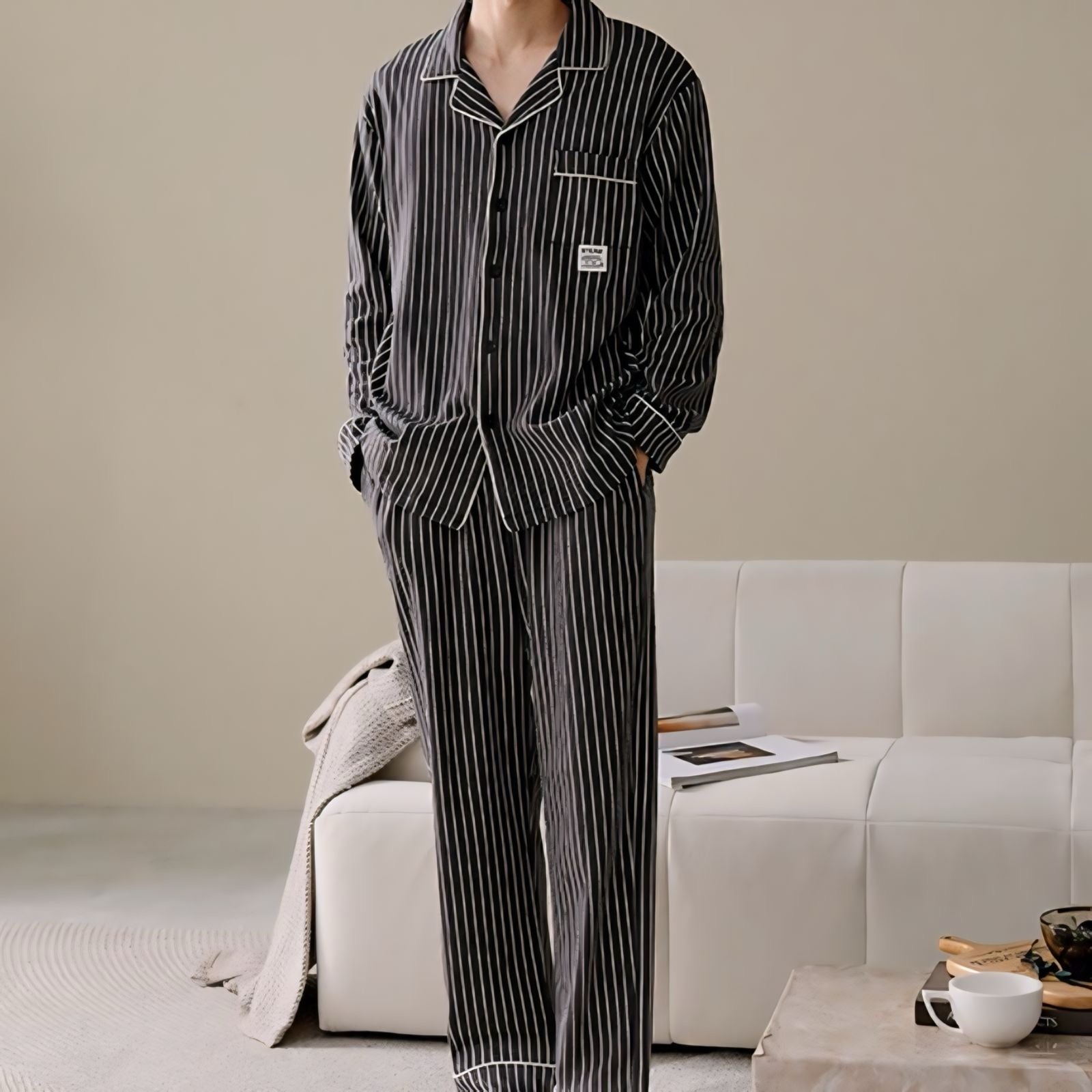 コットン長袖ストライプカップルパジャマ kocol