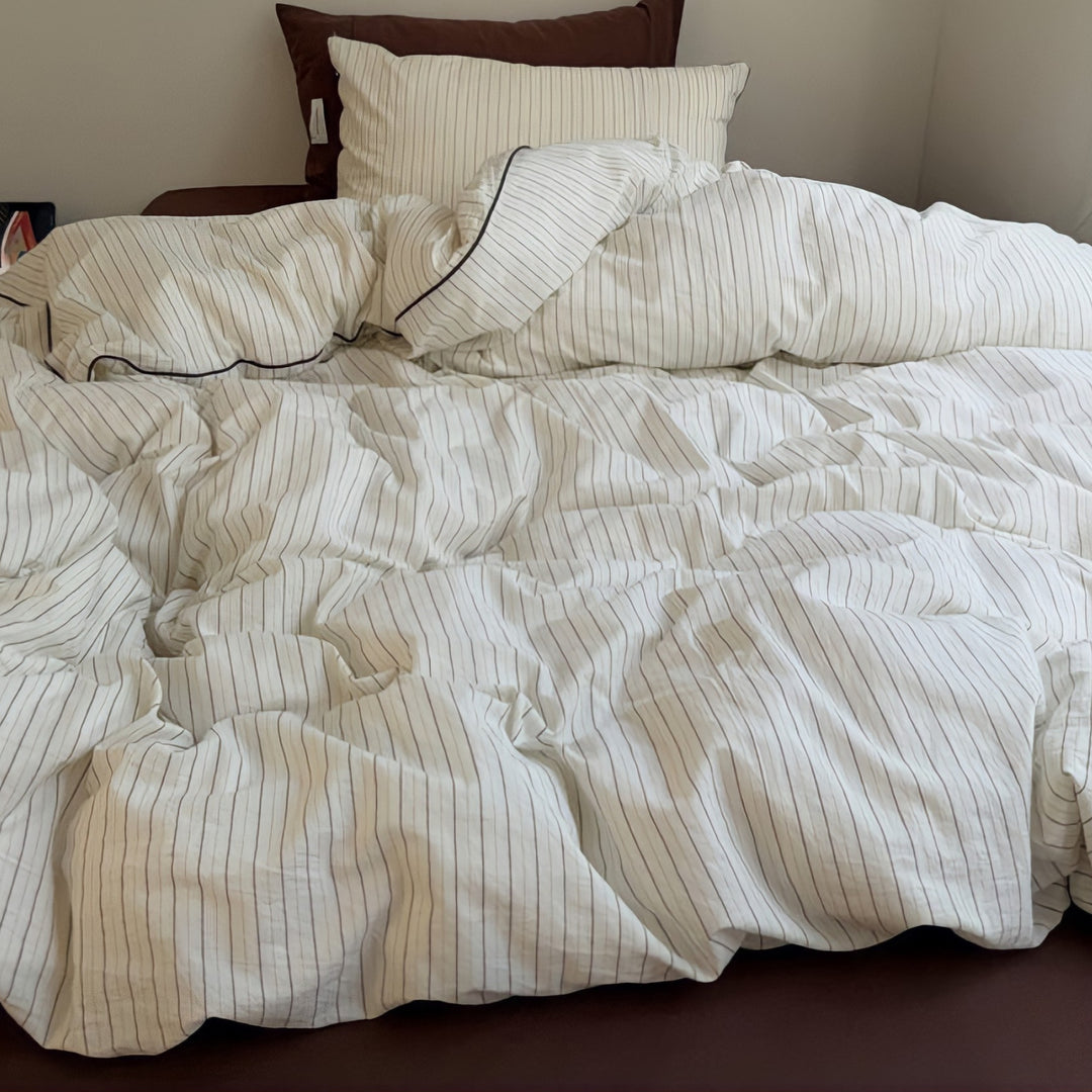Pure Cotton Washed Cotton Simple Striped Bedding Set Brown