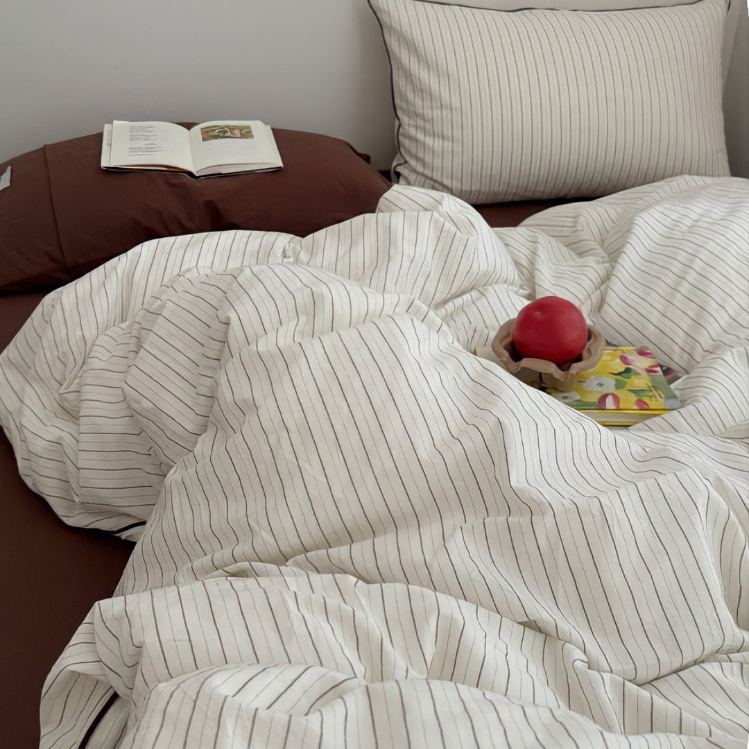 Pure Cotton Washed Cotton Simple Striped Bedding Set Brown
