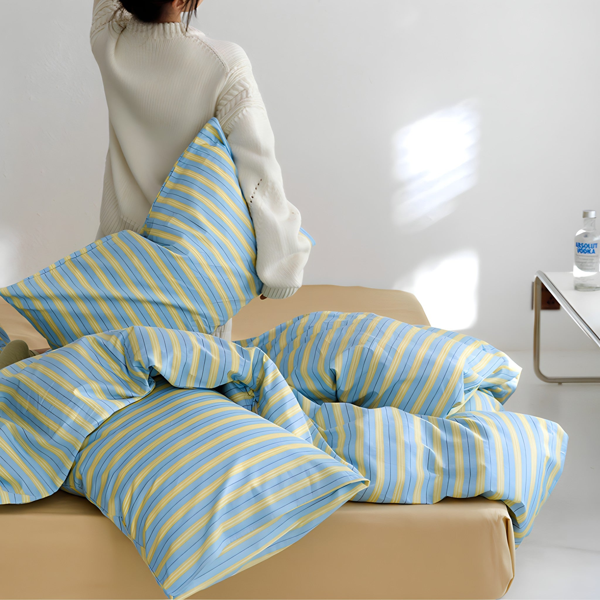イエローブルーストライプコットン寝具セット