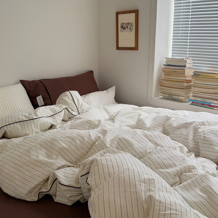 Pure Cotton Washed Cotton Simple Striped Bedding Set Brown