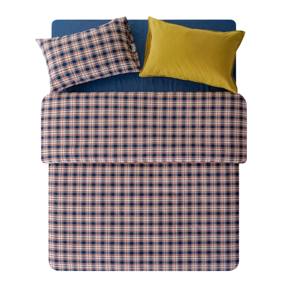 ピュアコットンチェック柄寝具カバー レッドネイビー