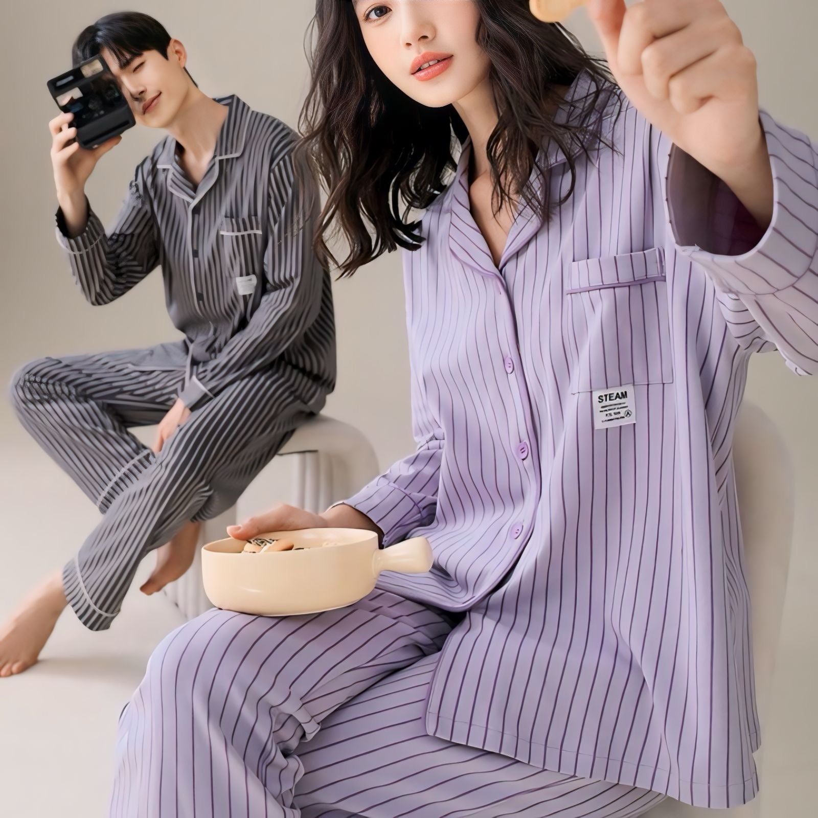 コットン長袖ストライプカップルパジャマ kocol
