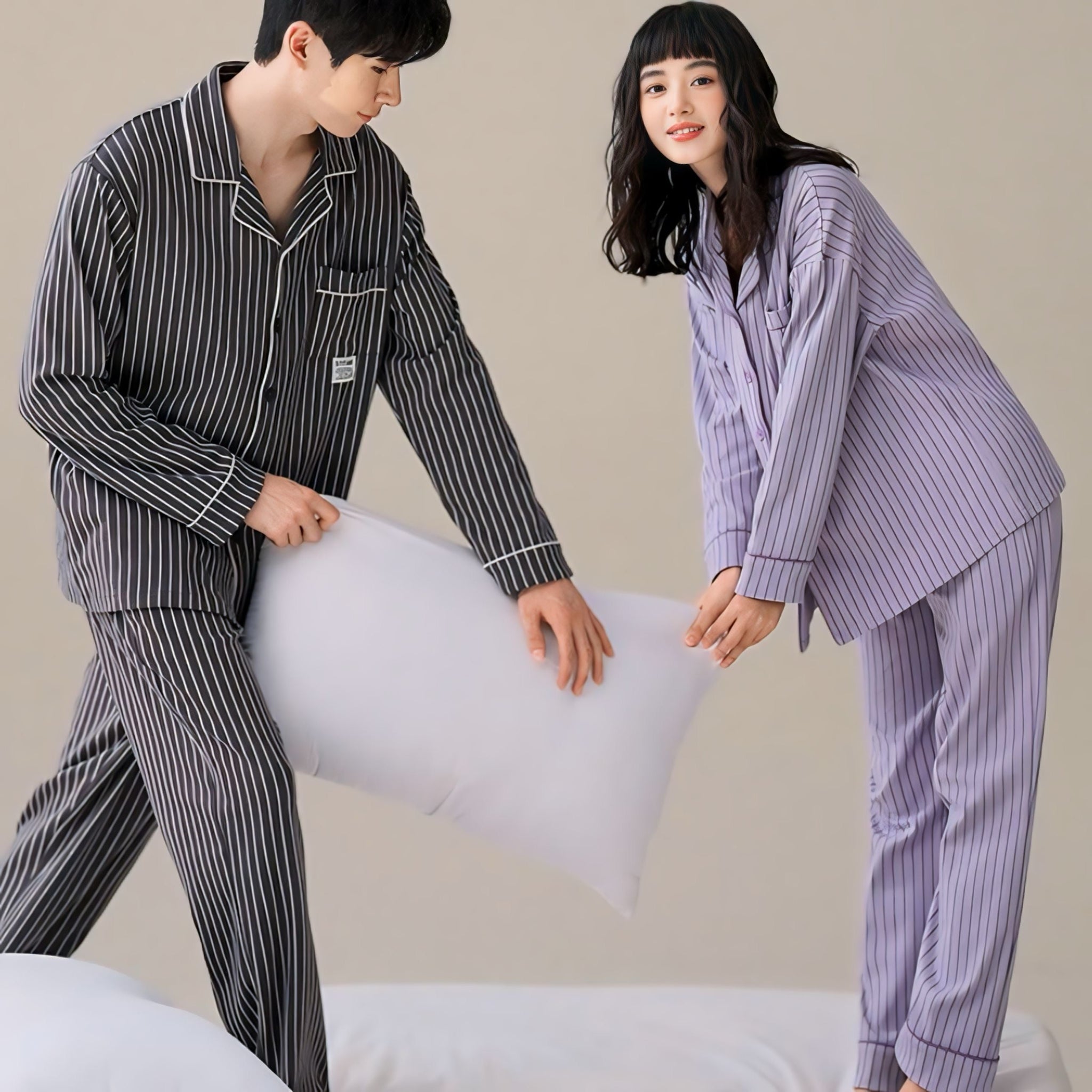 コットン長袖ストライプカップルパジャマ kocol