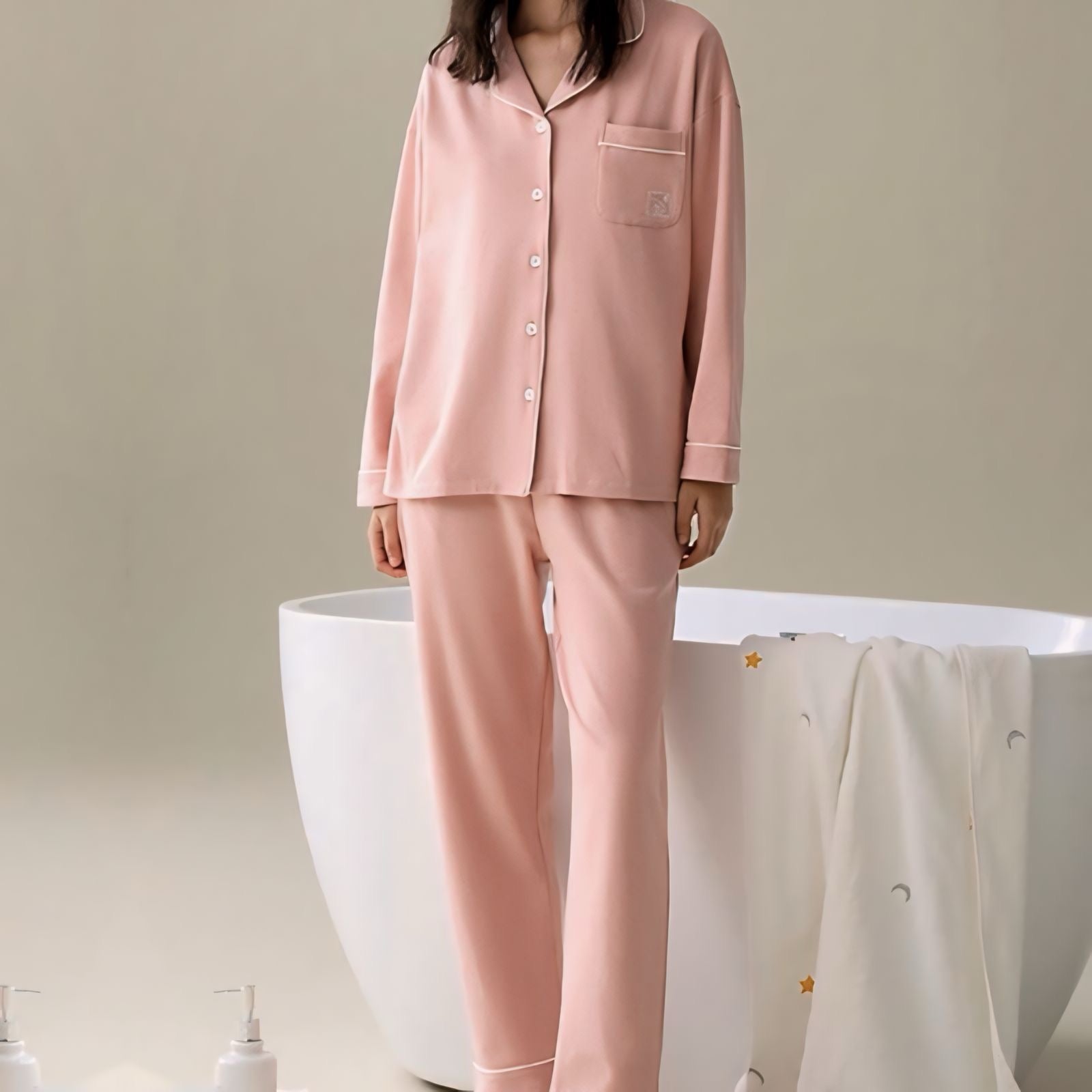 パイピングコットン長袖カップルパジャマ kocol