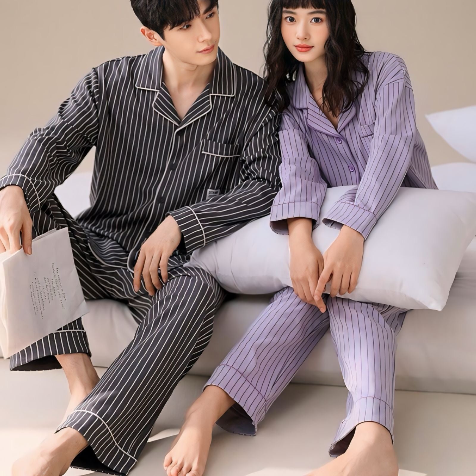 コットン長袖ストライプカップルパジャマ kocol