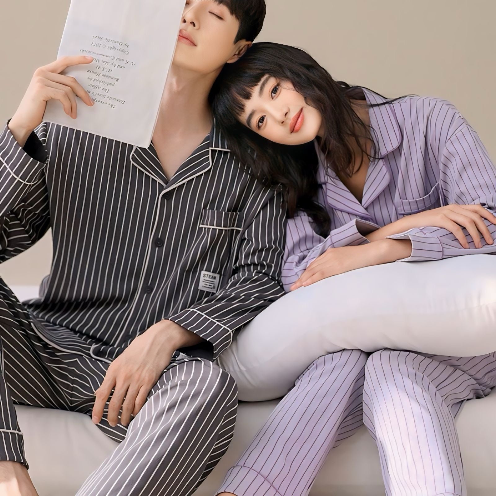 コットン長袖ストライプカップルパジャマ kocol