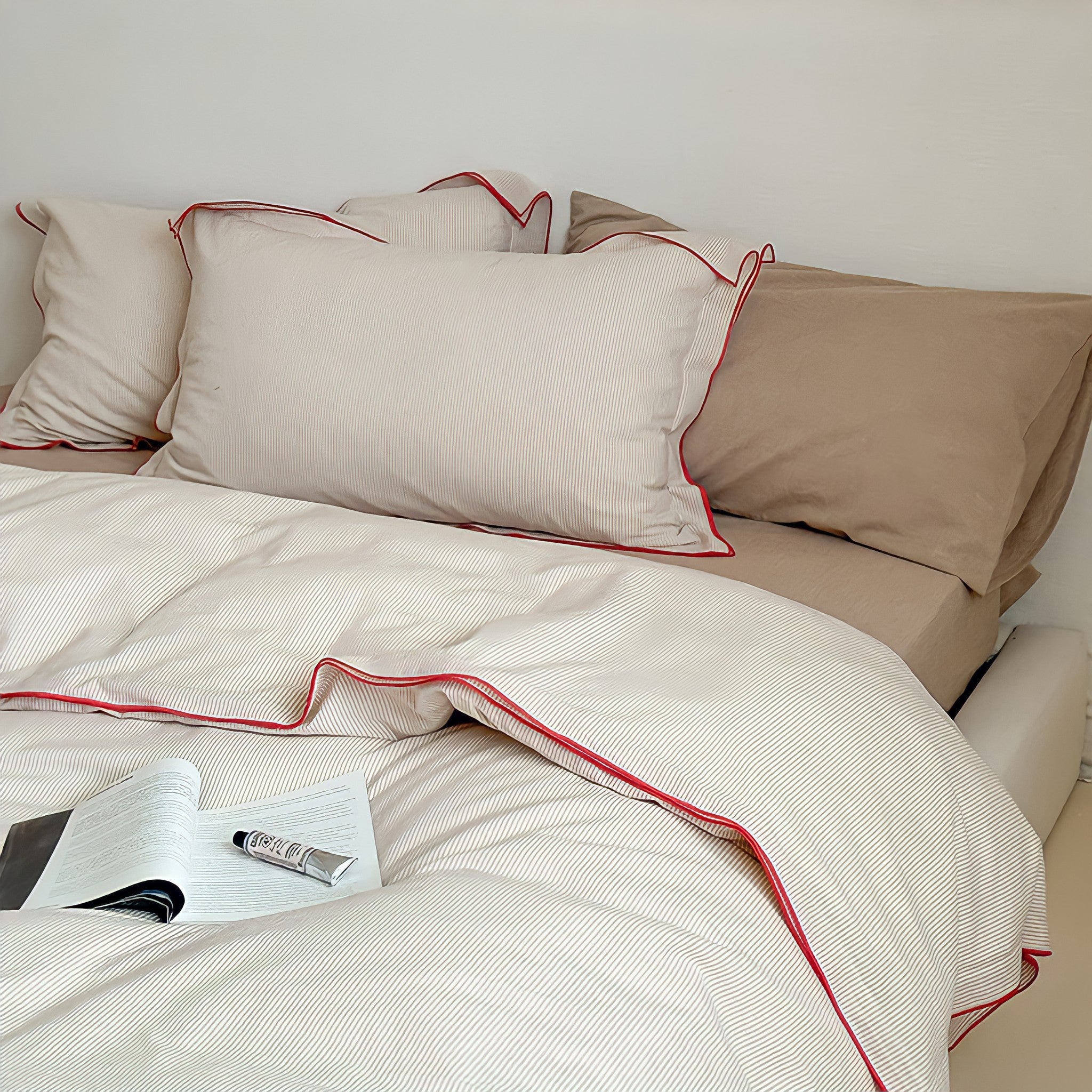 ベージュパイピングコットン寝具セット