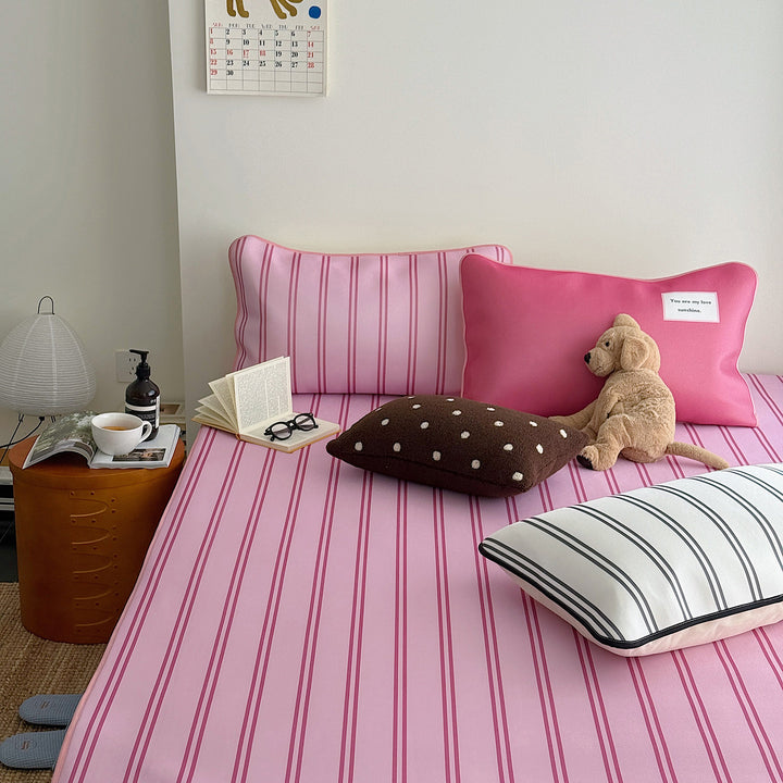 Ice Silk Double Line Stripe Mat Set - Pink