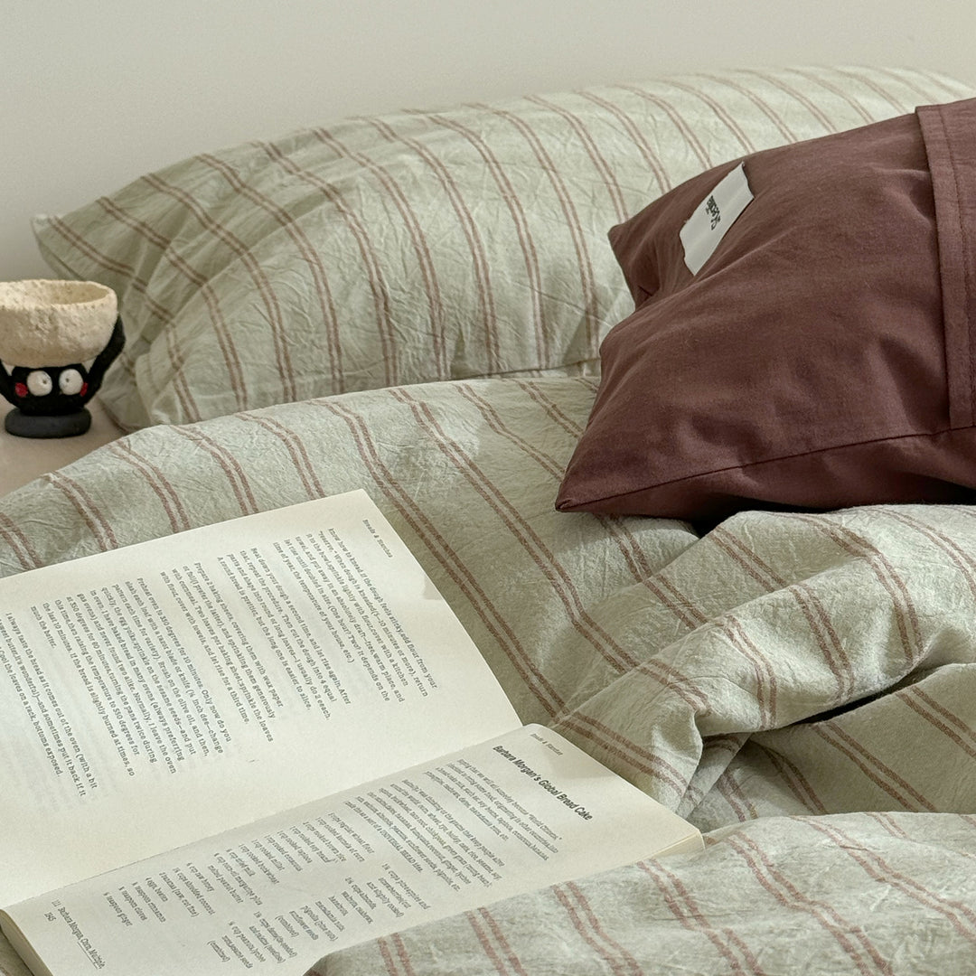 Washed Cotton Pinstripe Bedding Set in Light Green