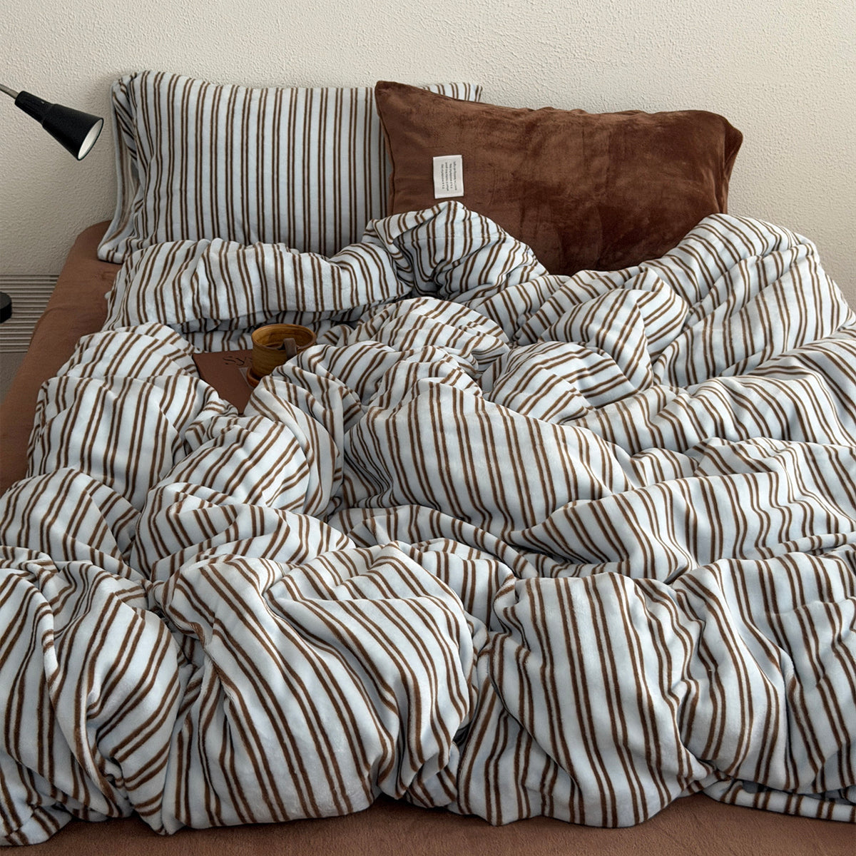 Blue & Brown Fleece Stripe Bedding Set