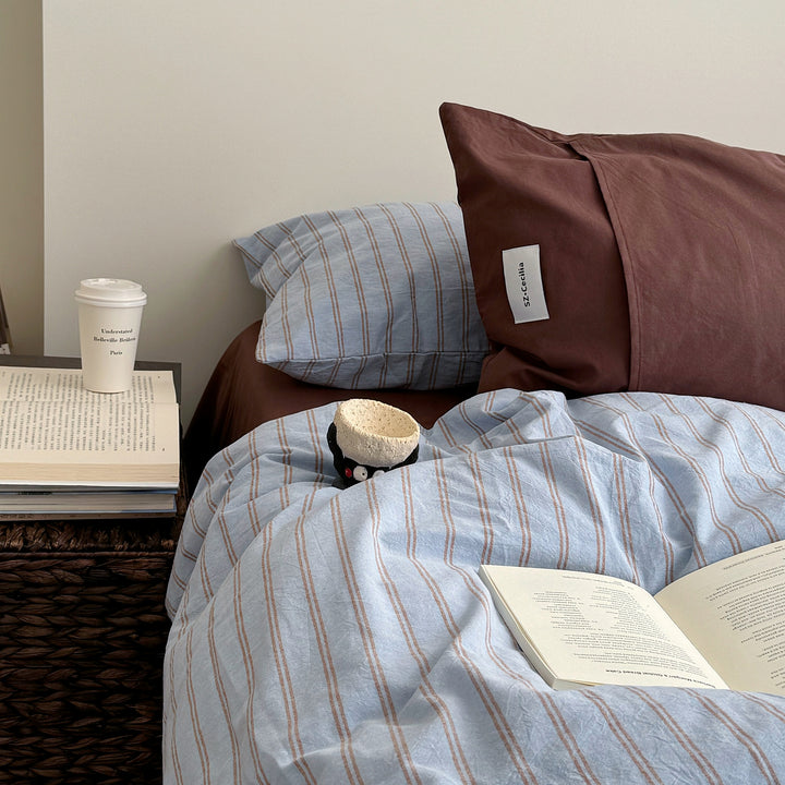 Washed Cotton Pinstripe Bedding Set, Blue