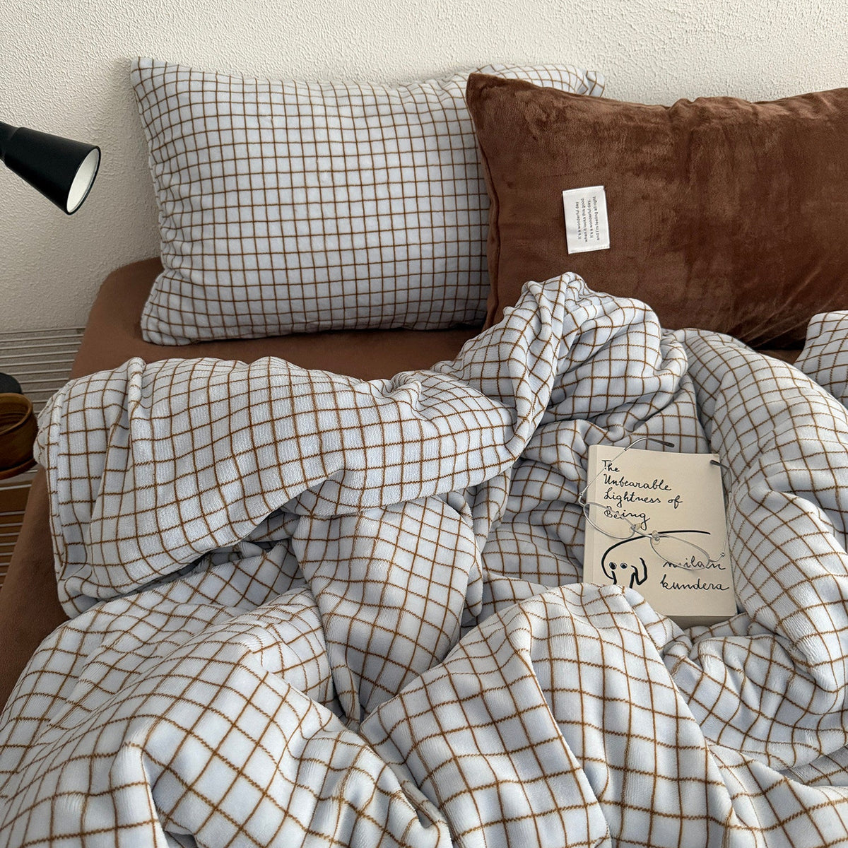 Blue & Brown Fleece Grid Check Bedding Set