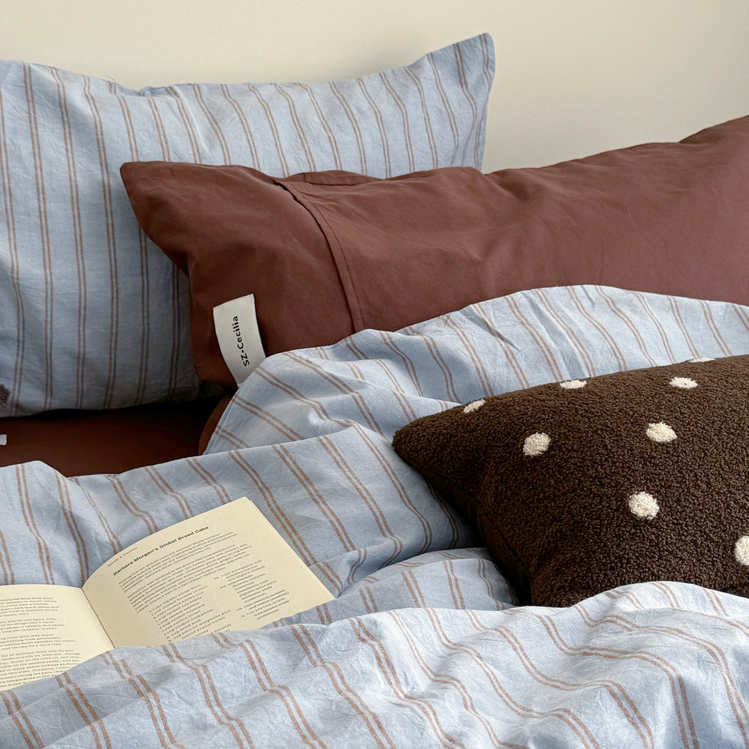 Washed Cotton Pinstripe Bedding Set, Blue