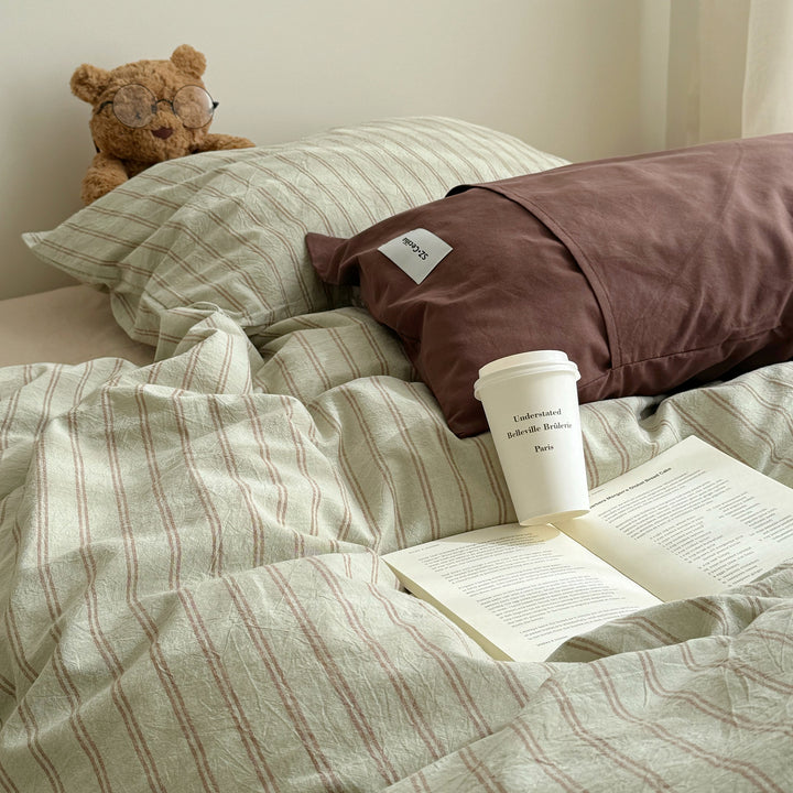 Washed Cotton Pinstripe Bedding Set in Light Green
