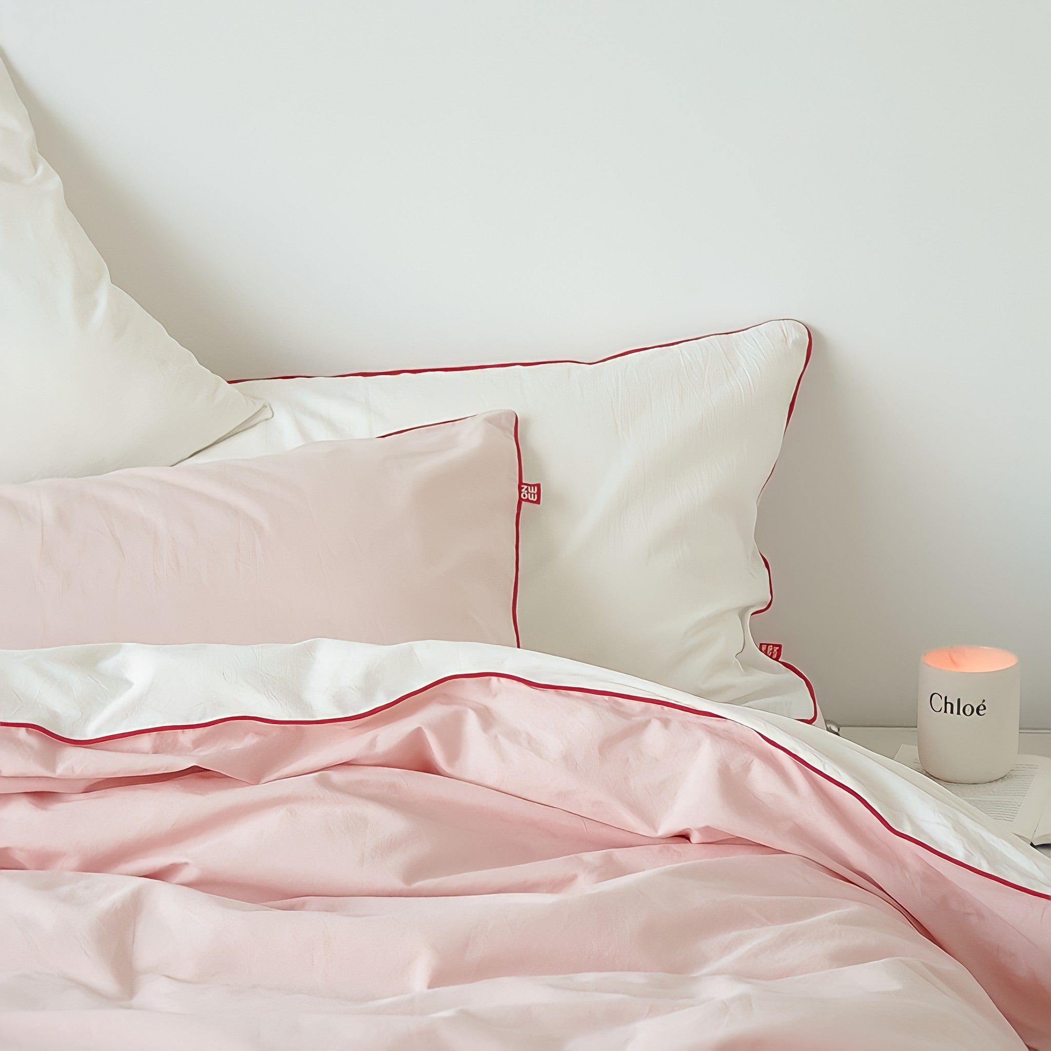 パイピングピンクホワイト寝具セット