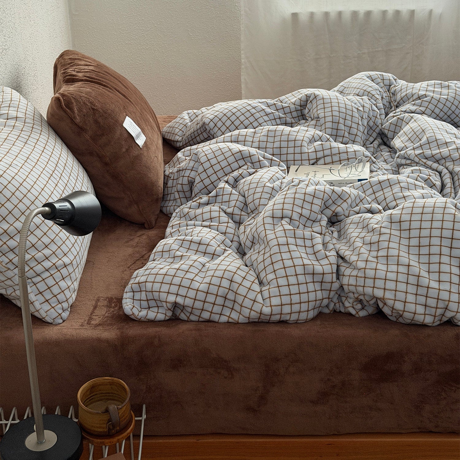 Blue & Brown Fleece Grid Check Bedding Set