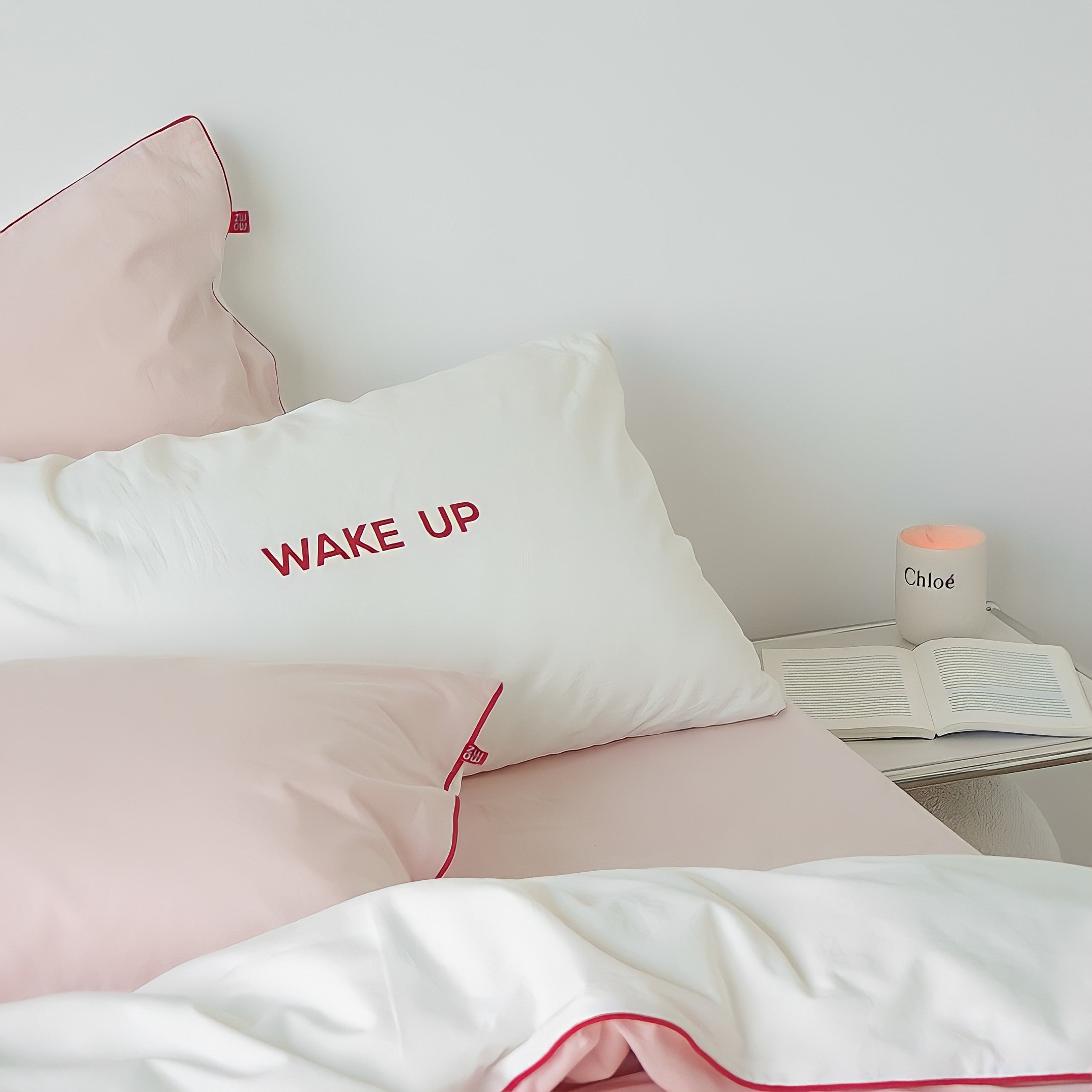 パイピングピンクホワイト寝具セット