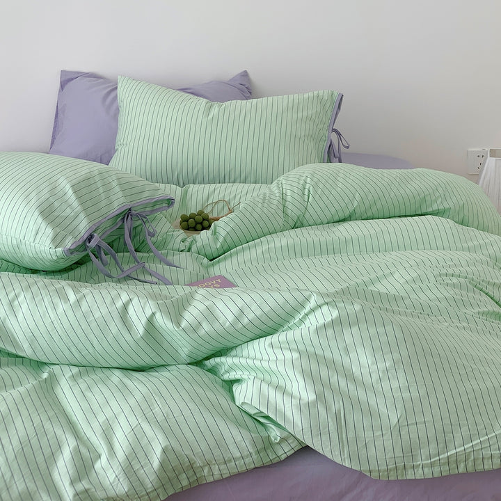 Mint Stripe Ribbon Cotton Bedding Set